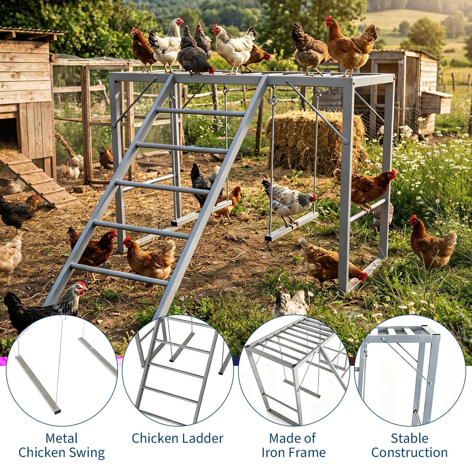 Garvee Metal Chicken Roosting Bars with Swing & Ladder, Heavy Duty, Weatherproof Carbon Steel, 4-Tier Exercise Perch, Silver, for Backyard Farms