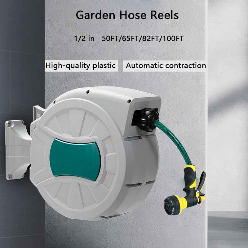 Garvee 50 FT Retractable Garden Hose Reel, 1/2 in PVC Hose with Auto Rewind, 180° Swivel Wall Mount & 8-Pattern Nozzle for Garden and Car Washing