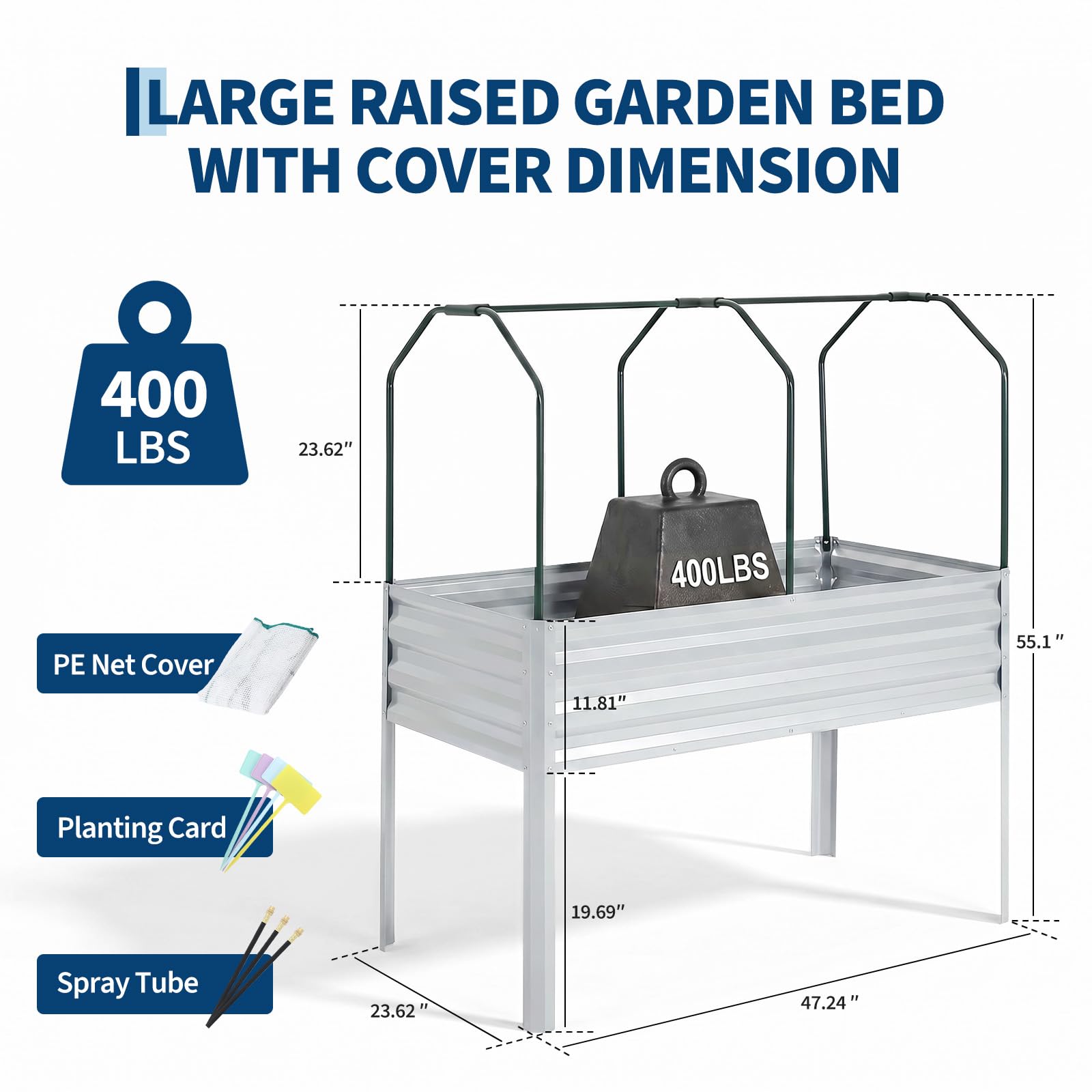 Garvee Elevated Raised Garden Bed, 48 x 24 x 56-Inch Galvanized Metal Planter with Greenhouse Cover, Bird Net and 4 Plant Signs for Patio Gardening, Silver
