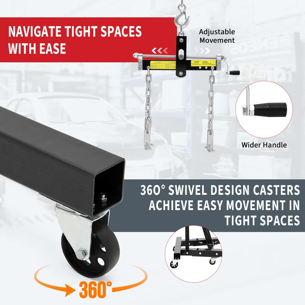 Garvee 2 Ton Folding Hydraulic Engine Hoist with Load Leveler – Heavy Duty Cherry Picker Crane – 4400 lbs Capacity – Adjustable Telescopic Boom – 6 Swivel Wheels – Automotive Repair, Garage, Workshop – Black with Sound Controller
