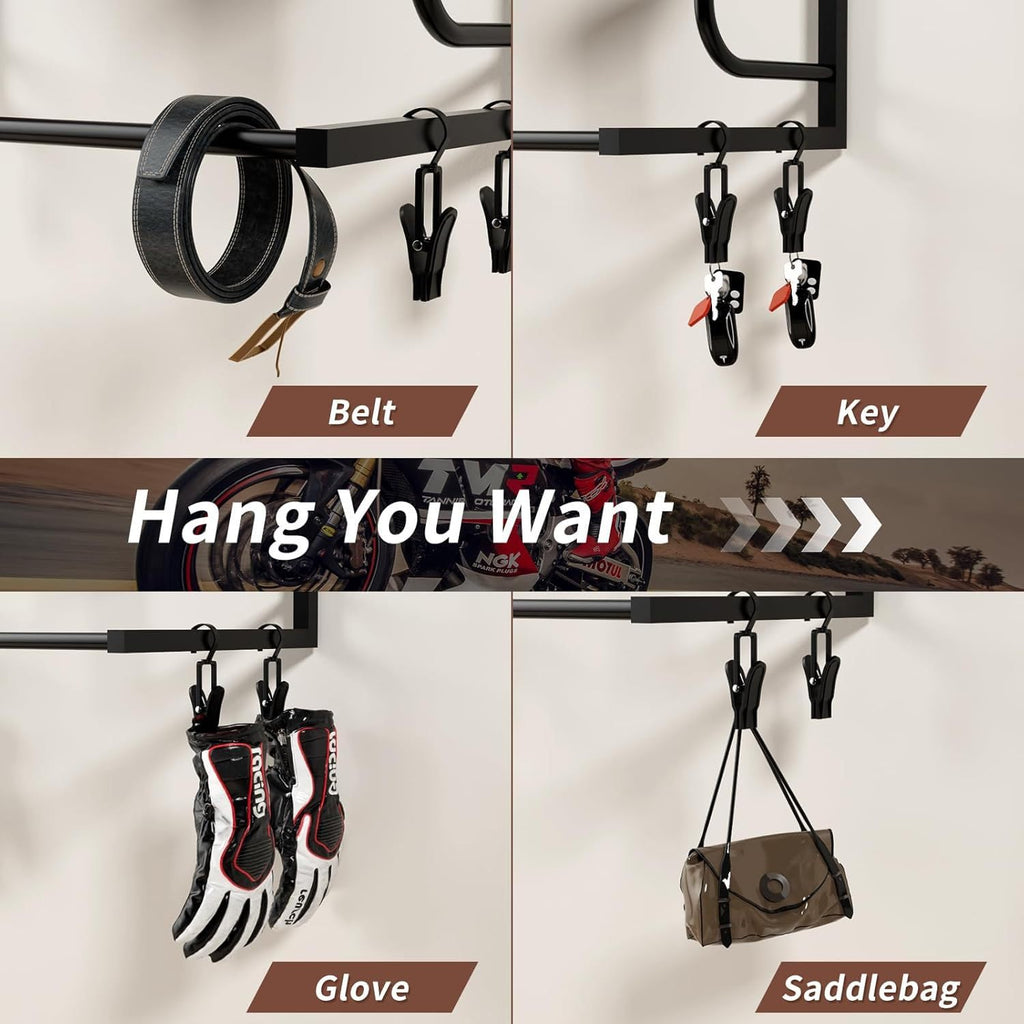 Garvee Wall-Mounted Helmet Rack Organizer for Motorcycle & Cycle – 4 Holders with 4 Integrated Hooks – Sturdy Space-Saving Storage for Garage or Entryway – Easy Install – Melamine Board