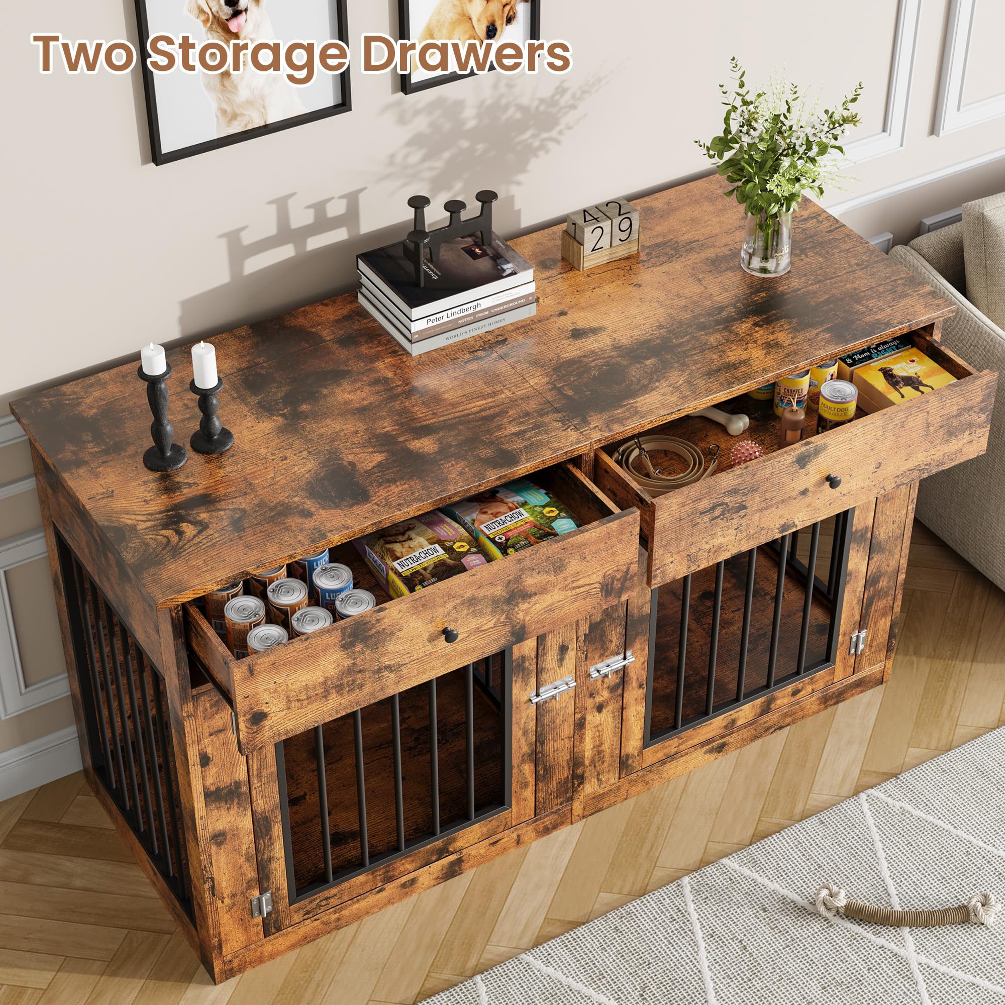 Garvee 60" Dog Crate Furniture for 2 Dogs, Heavy Duty Dog Kennel Furniture TV Stand with 2 Drawers, Dog Crates for Small Medium Dogs, Dog Cage End Table for Indoor Use,Vintage Brown
