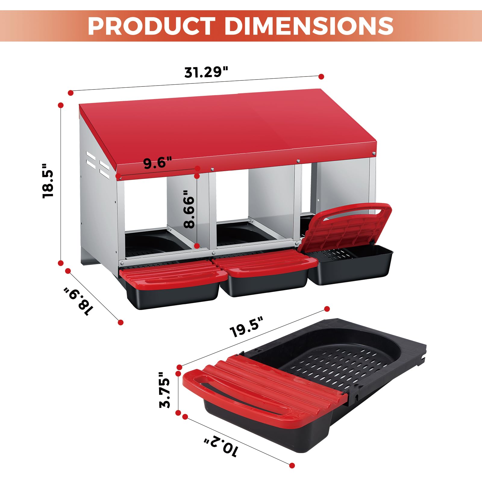 Garvee 3-Compartment Chicken Nesting Box – Automatic Roll-Away Tray & Support Stand, Red