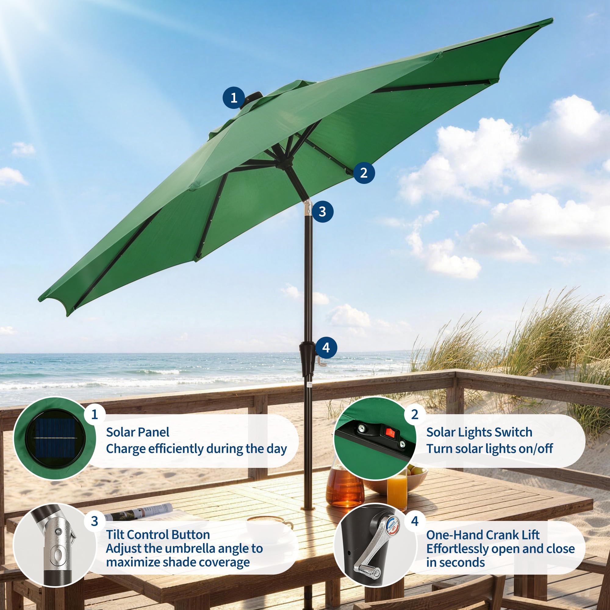 Garvee 10 FT Solar LED Patio Umbrella with 32 Lights, Round Outdoor Market Umbrella with Crank Lift, Push-Button Tilt and 8 Iron Ribs for Table, Deck, Garden and Pool, Dark Green