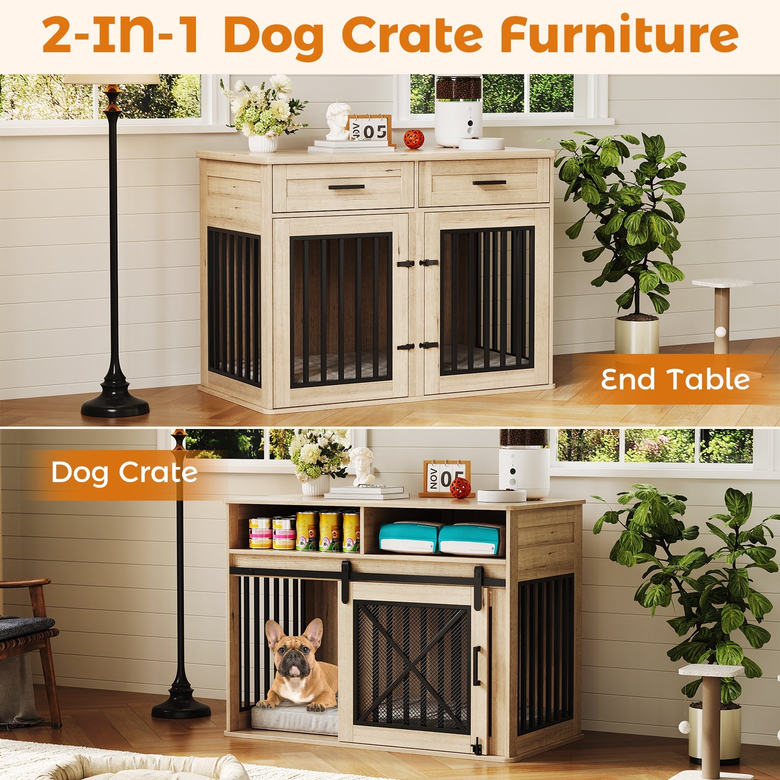 Garvee 44.5 Inch Large Dog Crate Furniture with 2 Storage Self, Wooden Dog Kennel Furniture As End Table, Decorative Pet Cage Dog House Indoor for Medium/Large Dogs, Chew-Proof, Gray