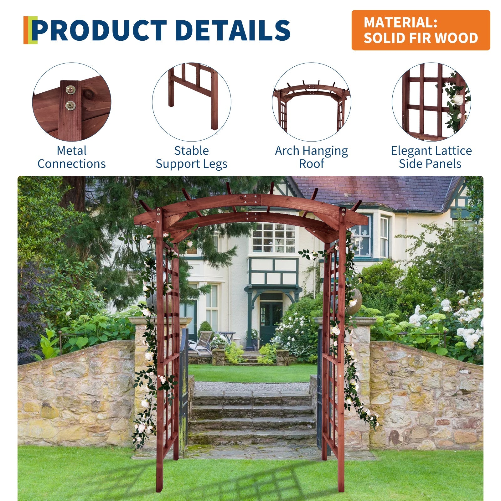 Garvee 85-Inch Wooden Garden Arbor Trellis, Fir Wood Arched Pergola for Climbing Plants, Wedding, Patio, Lawn & Backyard, Teak, Arched Top