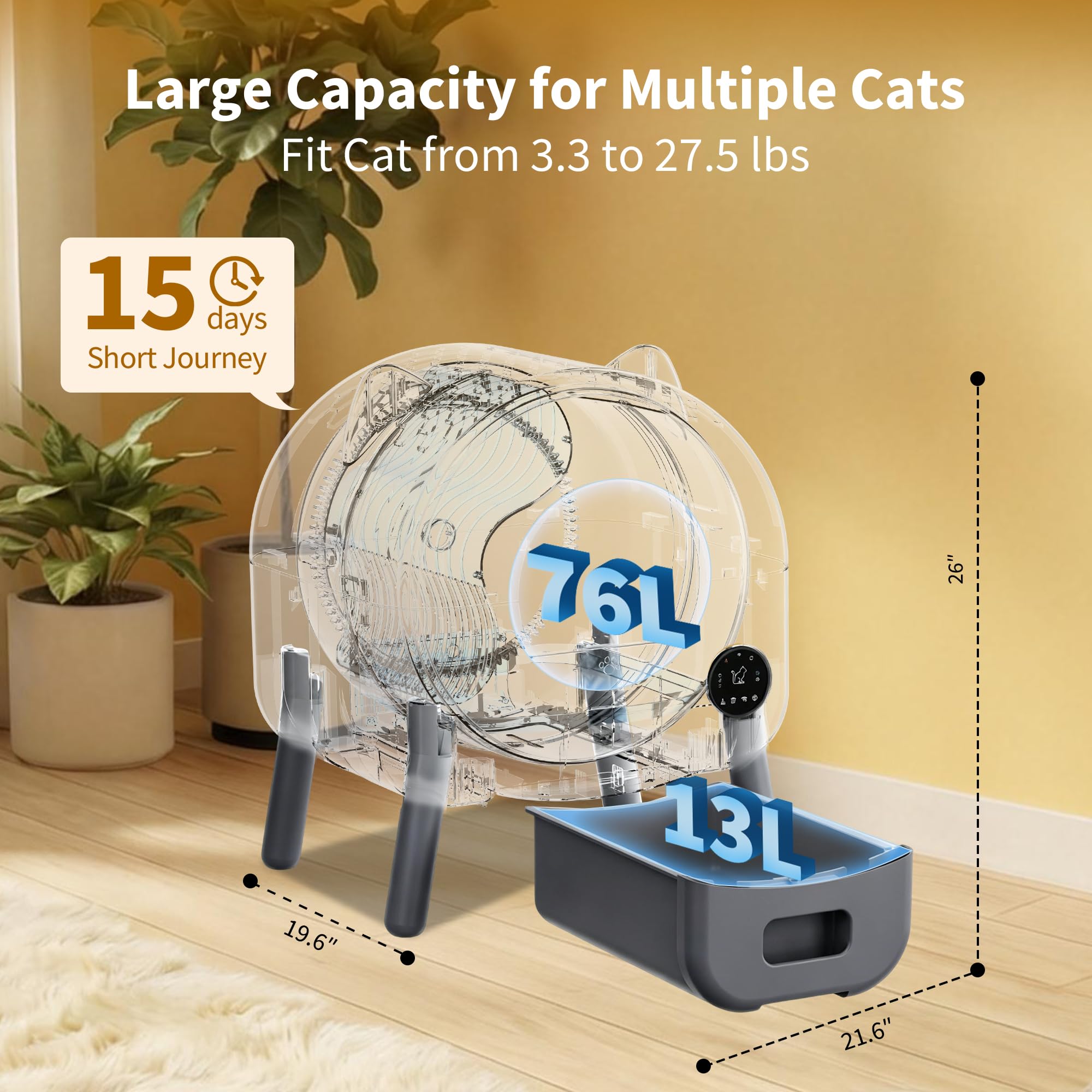 Garvee Automatic Self Cleaning Litter Box, 76L Capacity Extra Large Automatic Cat Litter Box for Multiple Cats, Smart Safety Sensors, App Control, Low Noise, Washable Tray & Trash Bag, Dark Gray