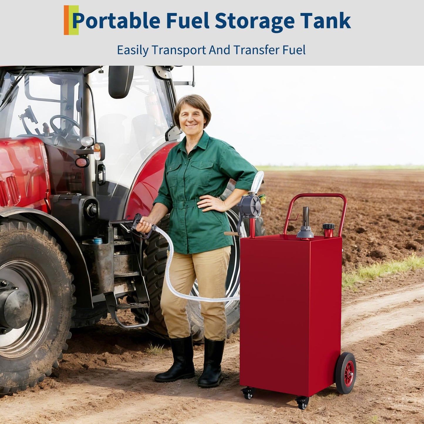 Garvee 35-Gallon Portable Fuel Tank Gasoline Diesel Storage with Manual Rotary Pump Carbon Steel Anti-Static Clamp Four Wheels for Outdoor Use, Red