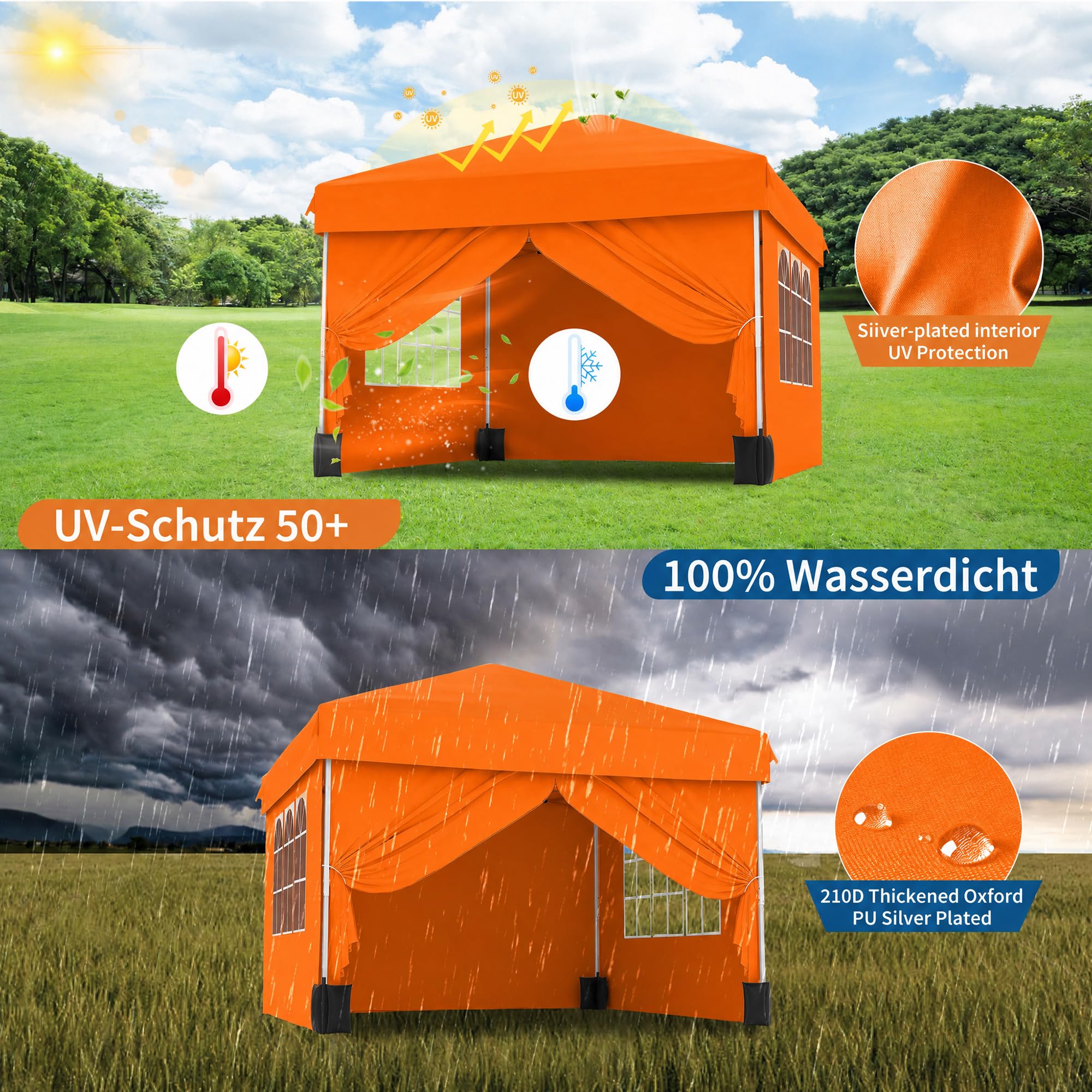 Garvee 10x10 FT Pop Up Canopy Tent, 210D Waterproof Oxford Gazebo with 4 Detachable Window Sidewalls, UPF 50+ Steel Frame Shelter for Camping, Parties & Backyard, Orange