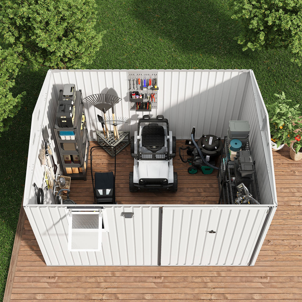 Garvee 10x8FT Metal Outdoor Storage Shed with Pushable Window, LED Light & Pegboard, Lockable Double Doors, Sloping Roof, Ventilation, Corrosion-Resistant Steel Garden Tool Shed for Patio, Backyard & Garage