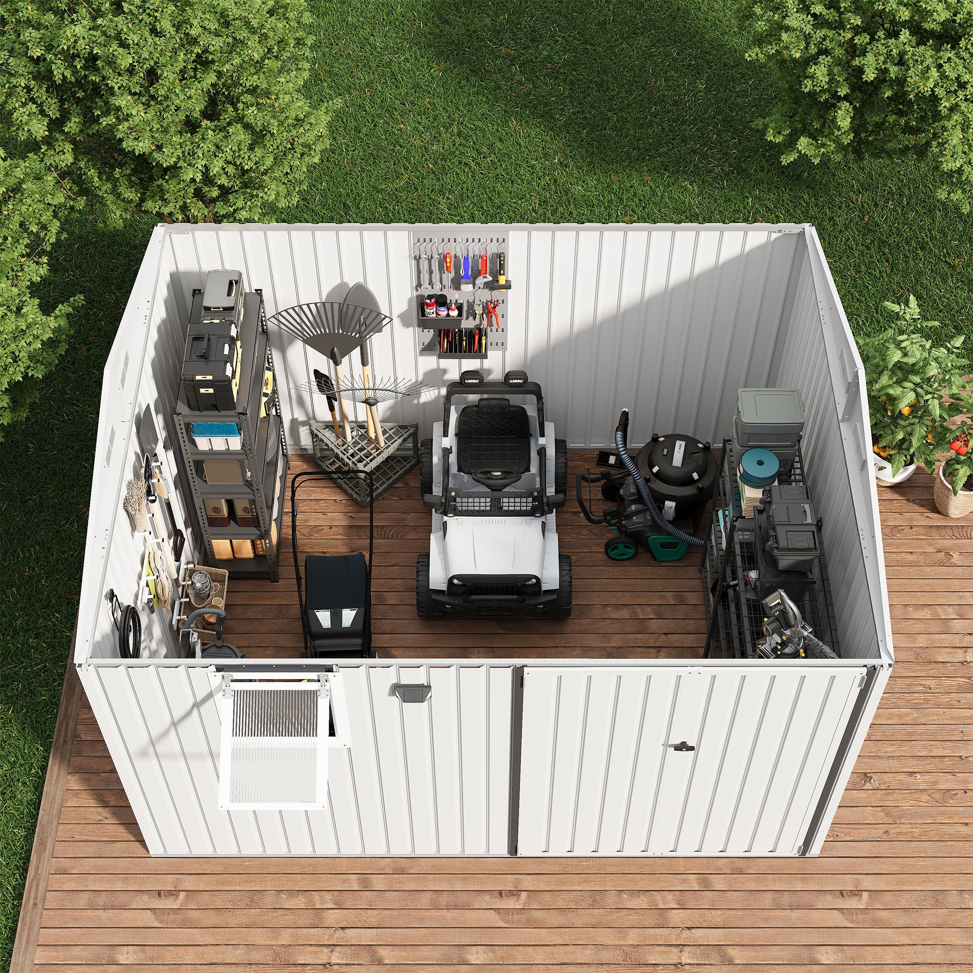 Garvee 10x8FT Metal Outdoor Storage Shed with Pushable Window, LED Light & Pegboard, Lockable Double Doors, Sloping Roof, Ventilation, Corrosion-Resistant Steel Garden Tool Shed for Patio, Backyard & Garage