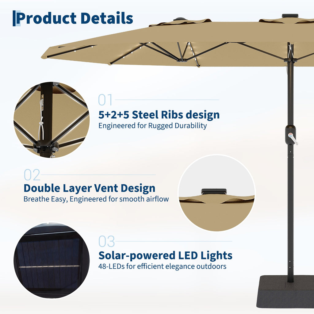 Garvee 15' Rectangular Patio Umbrella with Solar LED Lights & Base, Crank Handle UV-Resistant Outdoor Market Umbrella for Backyard, Pool & Patio, Tan