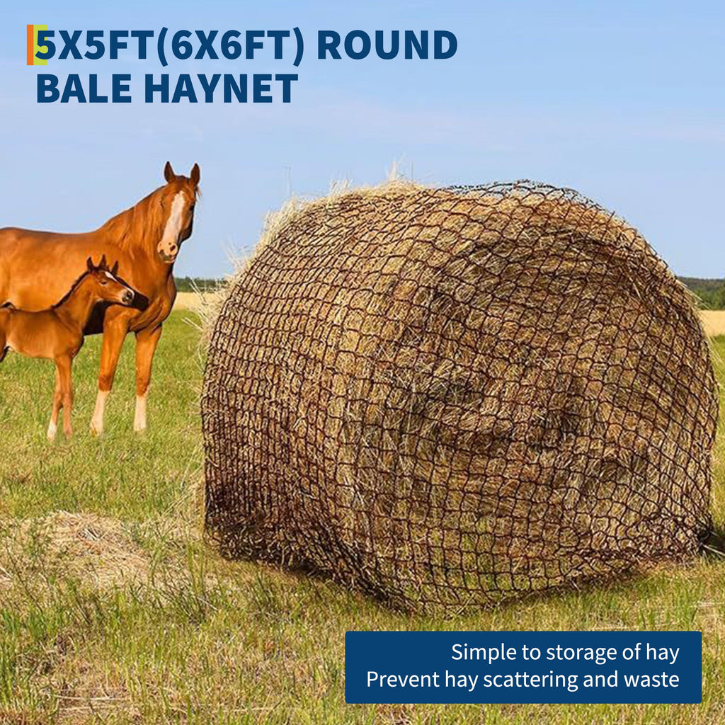 Garvee 6x6FT Heavy Duty Knotless Nylon Round Bale Hay Net – Slow Feeder for Horses & Livestock with 2" Mesh Openings (Black)