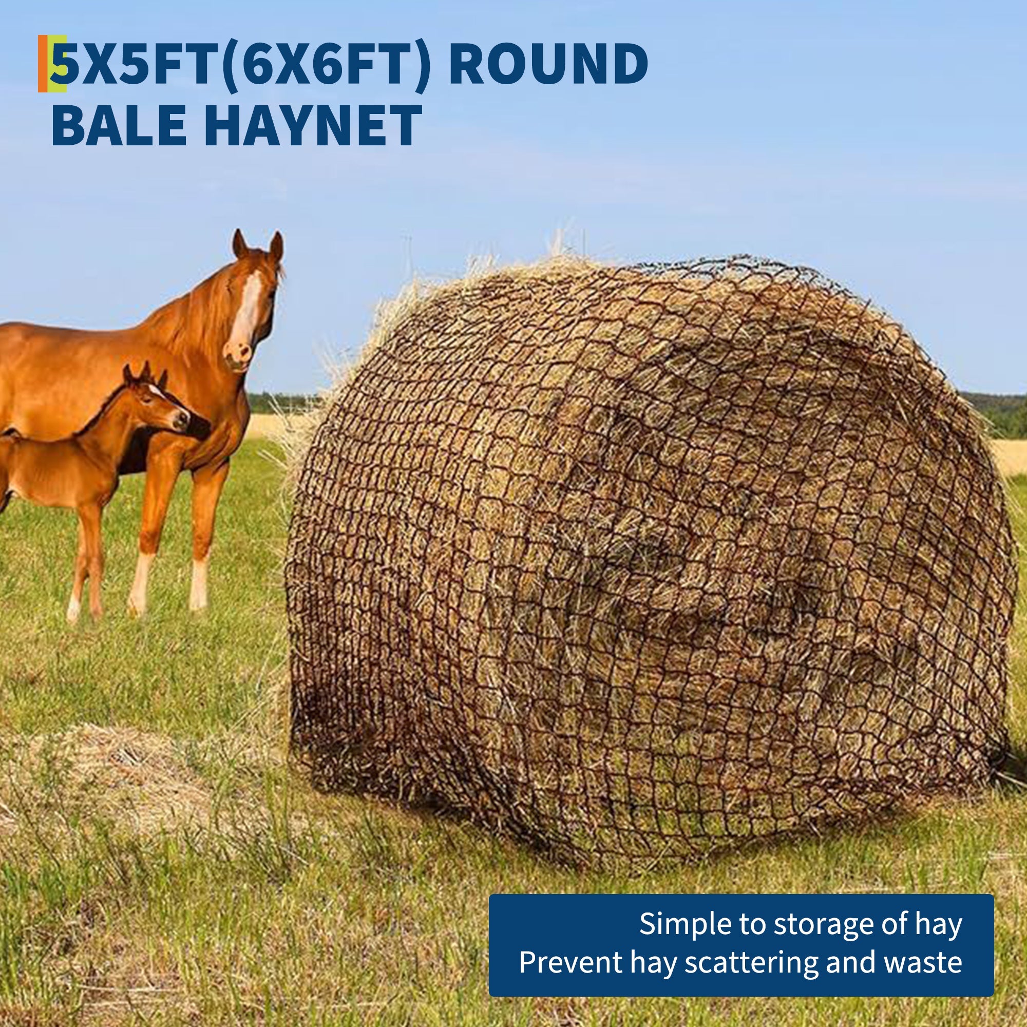 Garvee 6x6FT Heavy Duty Knotless Nylon Round Bale Hay Net – Slow Feeder for Horses & Livestock with 2" Mesh Openings (Black)