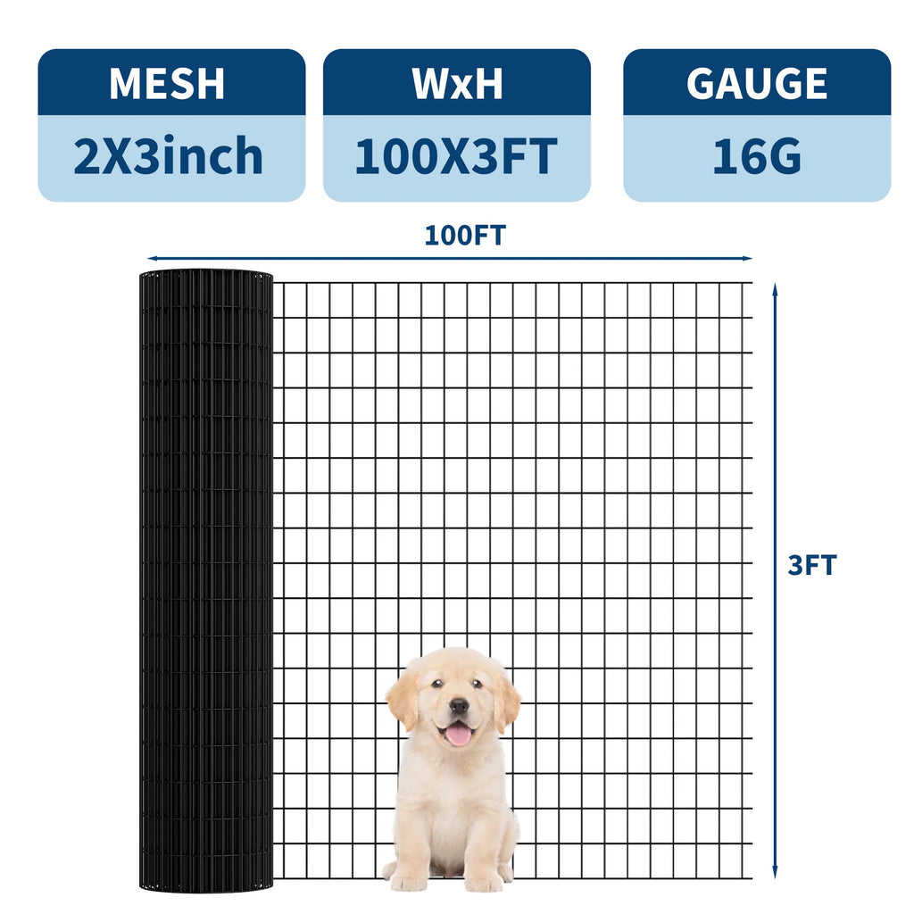 Garvee PVC Coated Welded Wire Fence Roll, 36 Inch x 100 Foot Black Vinyl Metal Mesh Fencing, 16 Gauge Galvanized Wire with 2 in x 3 in Mesh, Heavy-Duty Garden Border Pen for Vegetables, Plants & Poultry