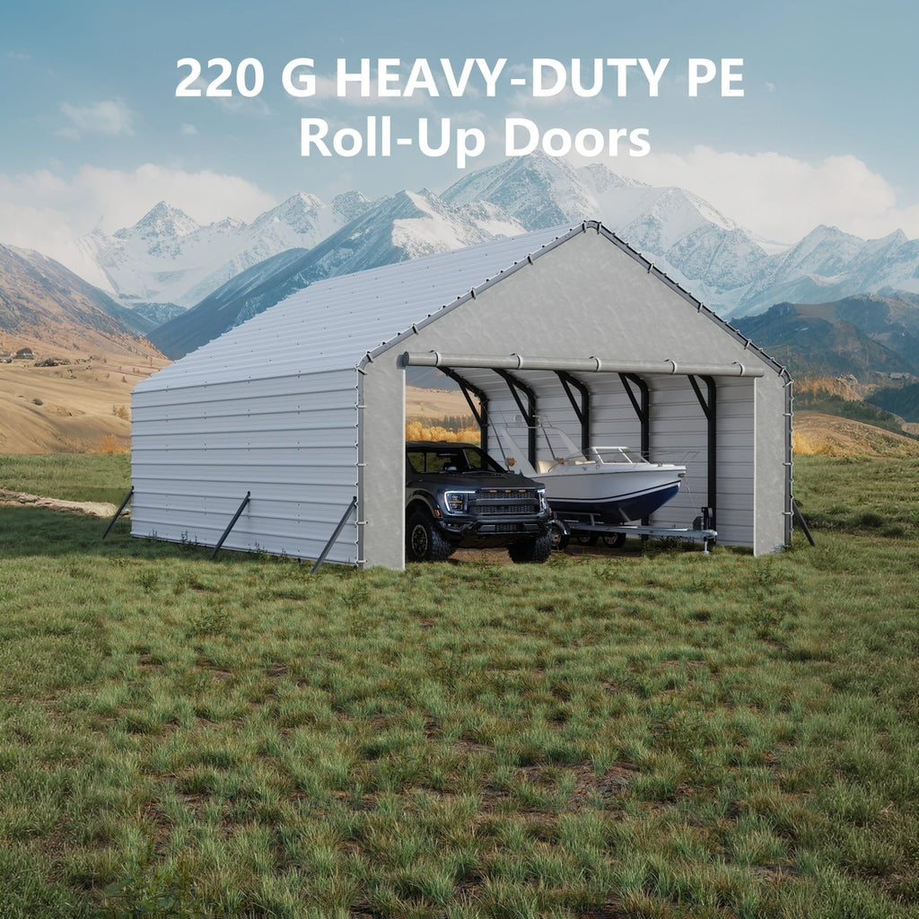 Garvee Heavy Duty Zippered Door Panels for Metal Carports – Weatherproof Tarp with Ball Bungees, Easy Install, Secure Fit – Replacement Doors for 20x25ft & 20x20ft Shelters, Grey, 20FT Width