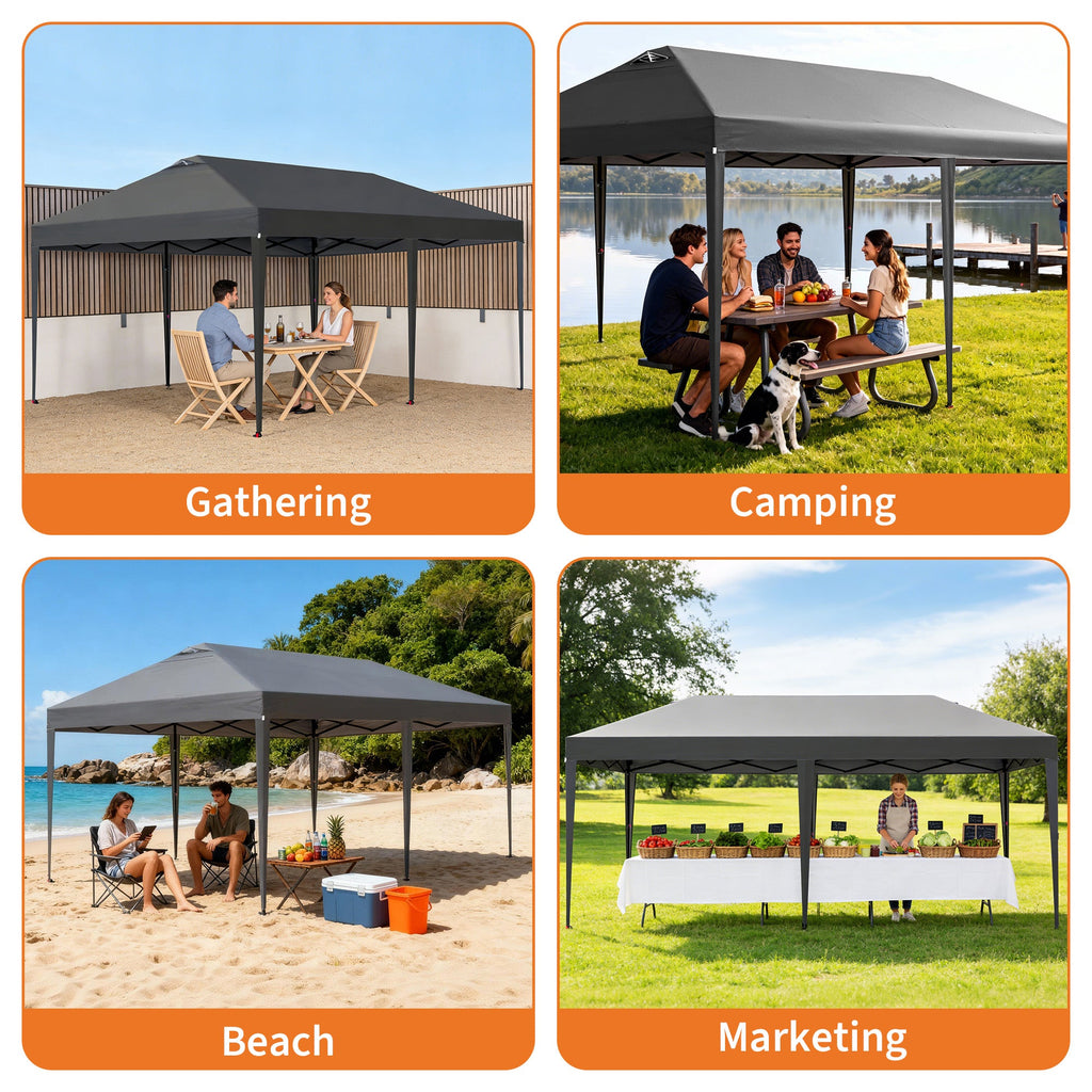 Garvee Pop Up Canopy Tent, 10 x 10 FT Gray One-Push Sun Shelter with Roof Vent, 4 Sandbags, 8 Stakes, 4 Ropes and Wheeled Bag for Parties and Events