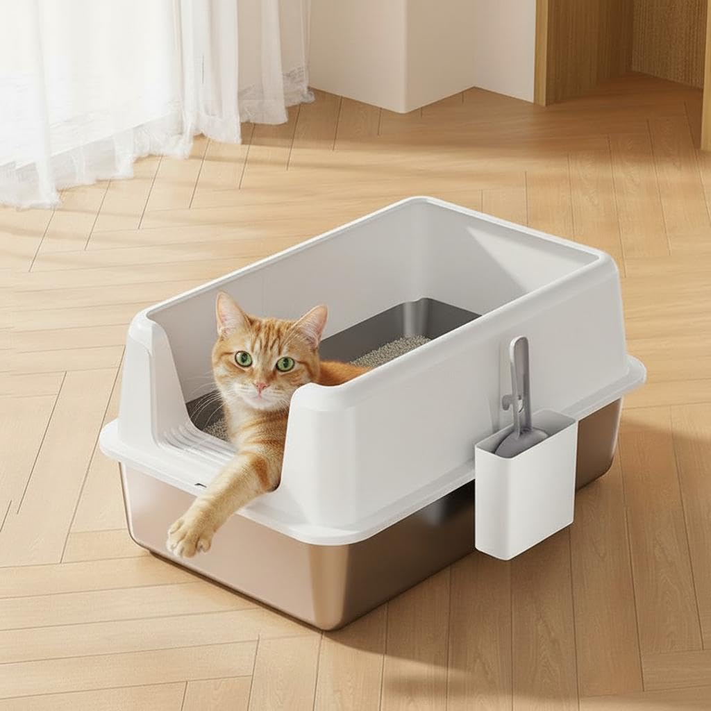 Garvee Non-Stick Stainless Steel Litter Box, Side Opening Splash-Proof & Leak-Proof Large Metal Cat Litter Box with Scoop, Easy-Clean & Durable, 6" Deep White