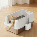 Garvee Non-Stick Stainless Steel Litter Box, Side Opening Splash-Proof & Leak-Proof Large Metal Cat Litter Box with Lid & Scoop, Easy-Clean & Durable, 8" Deep White