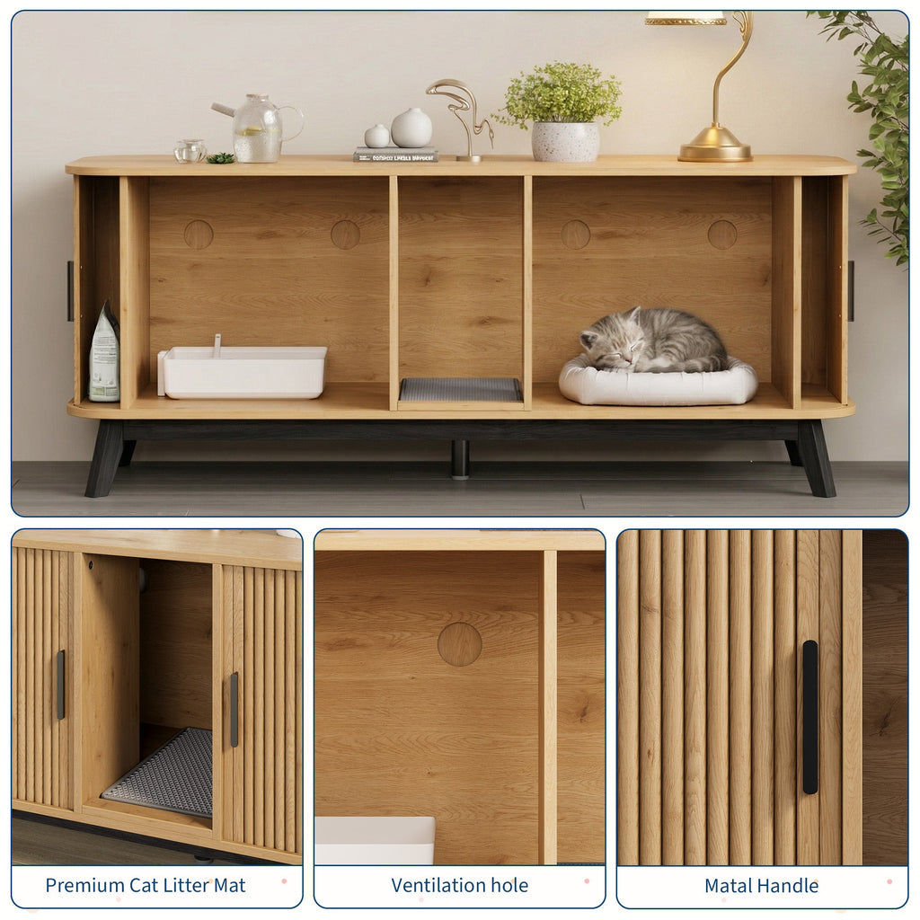 Garvee Multi-Functional Cat Litter Box Enclosure for 2 Cats, 59" Large Wooden Pet House - Hidden Litter Box Furniture - Sliding Door Access - Cat Litter Mat Included - TV Stand Side Table - Color: Natural Wood