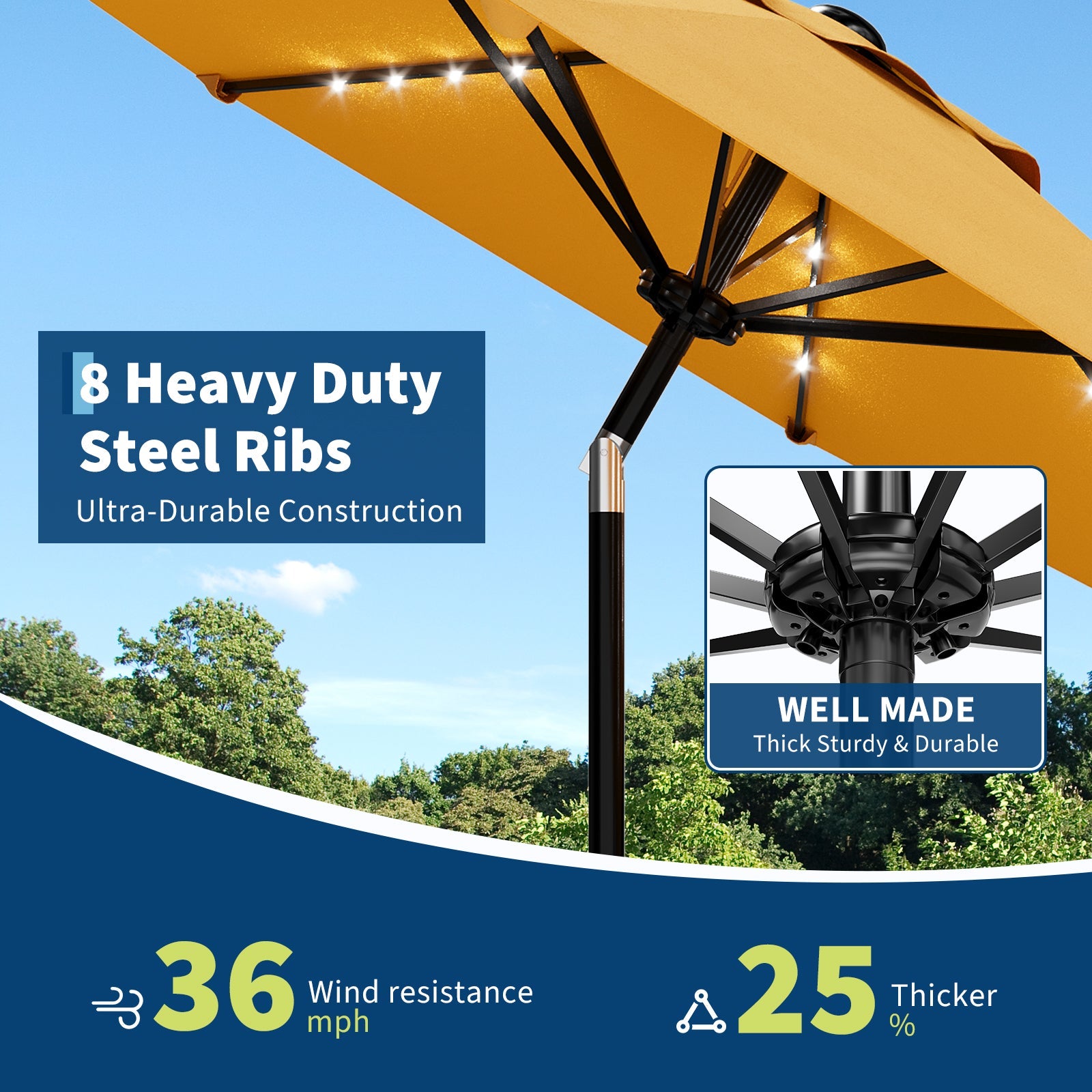Garvee 9FT Solar LED Patio Umbrella with 32 Lights, Tilt & Crank Outdoor Market Umbrella, UV & Water Resistant, 8 Ribs Sunshade for Garden, Deck, Pool & Table, Yellow