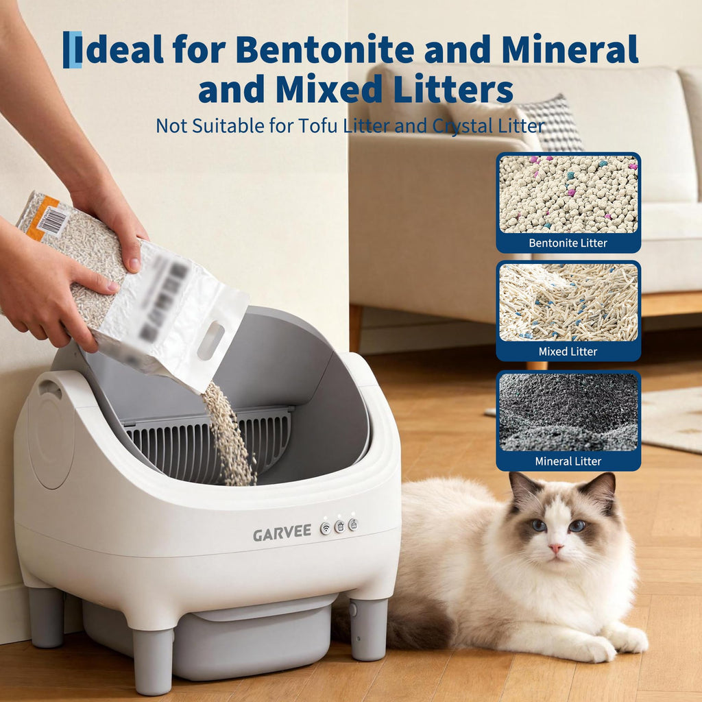 Garvee Self-Cleaning Cat Litter Box with App Control, Automatic Litter Box with Odor-Free 10.5L Bin, Whisper-Quiet, 7-Layer Safety, Open-Top Design for Large & Multiple Cats, Gray
