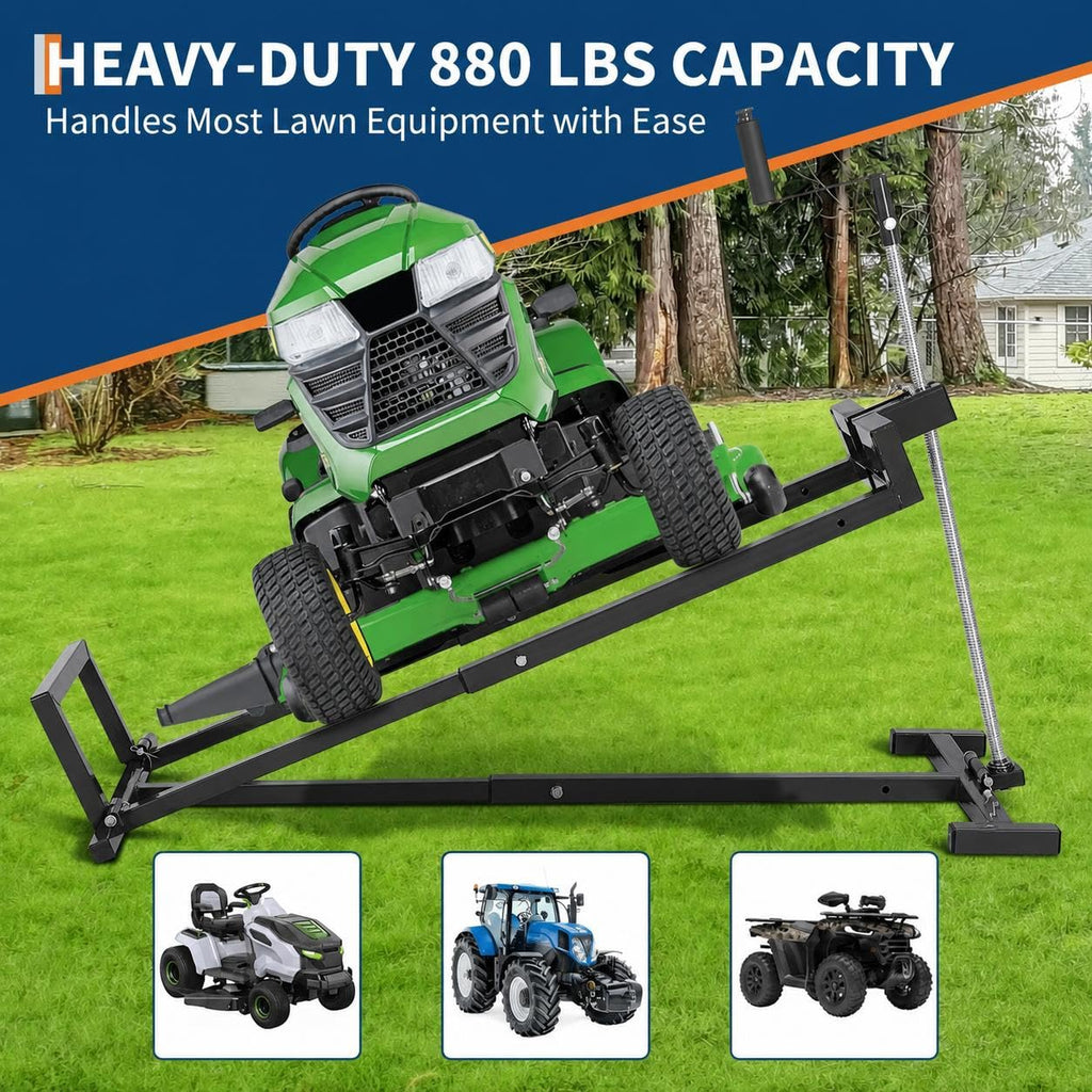 Garvee 880 LBS Heavy-Duty Lawn Mower Lift Jack, Telescopic Collapsible Maintenance Stand for Riding & Zero-Turn Mowers, Dual Operation Manual Hand Crank & Power Tool Adapter, Black
