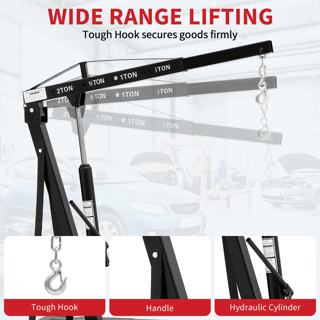 Garvee Heavy Duty 2 Ton Folding Hydraulic Engine Hoist - 4400 lbs Capacity Shop Crane - Telescoping Boom, 6 Caster Wheels, Ideal for Automotive Repair, Garage & Workshop - Black without Stabilizer, 2T