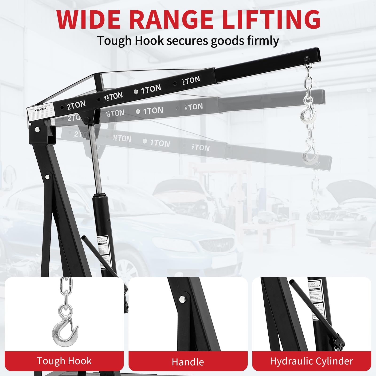 Garvee Heavy Duty 2 Ton Folding Hydraulic Engine Hoist - 4400 lbs Capacity Shop Crane - Telescoping Boom, 6 Caster Wheels, Ideal for Automotive Repair, Garage & Workshop - Black without Stabilizer, 2T