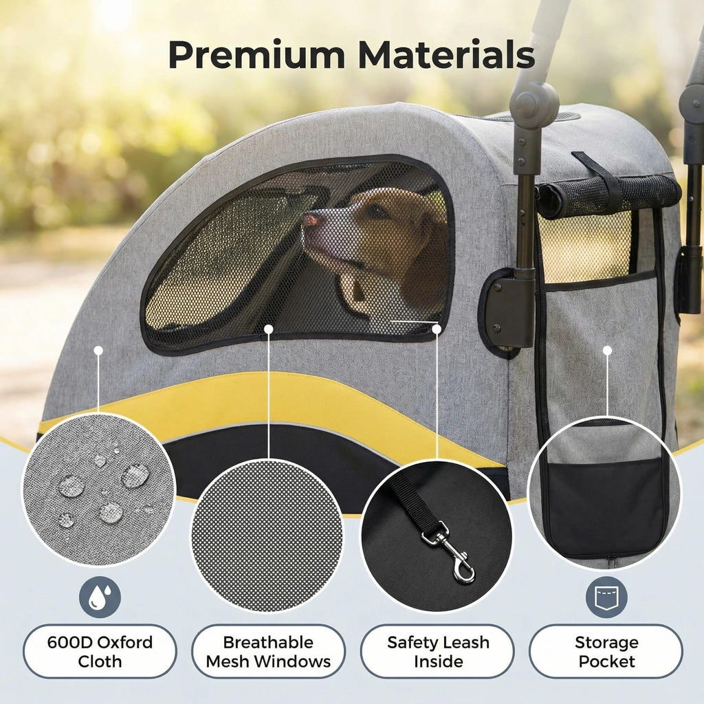 Garvee Foldable Dog Stroller, Large Dog Carrier with 360° Wheels, Adjustable Handle & Storage Pocket, Portable Puppy Travel Strollers, Pet Wagon for Large Dogs, 135 Lbs Capacity, Yellow