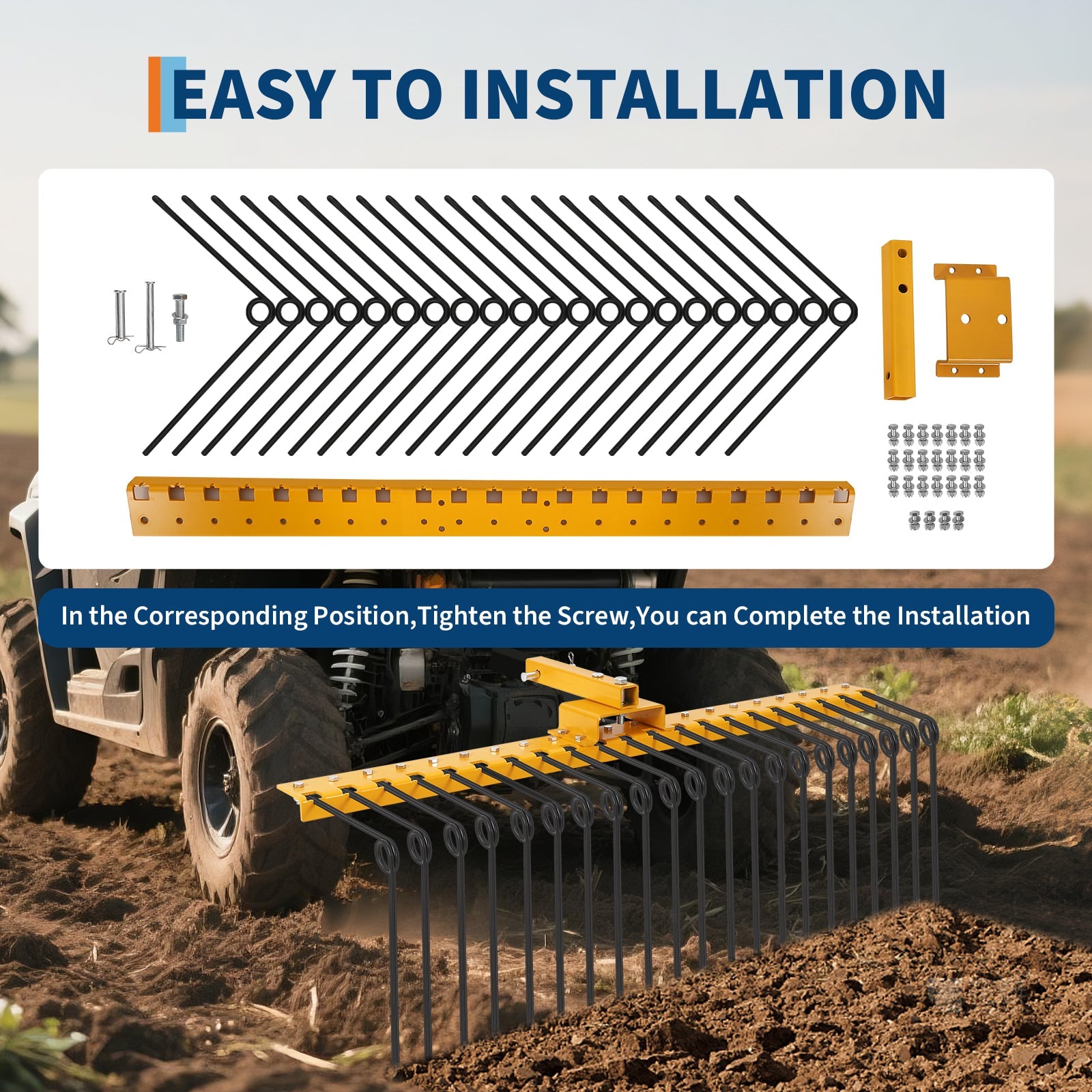 Garvee 60 in Pine Straw Rake with 21 Steel Spring Tines, Rust-Resistant Steel, Fits 2 in Receiver for Lawn Tractors & ATV/UTV, Orange, Landscape Use