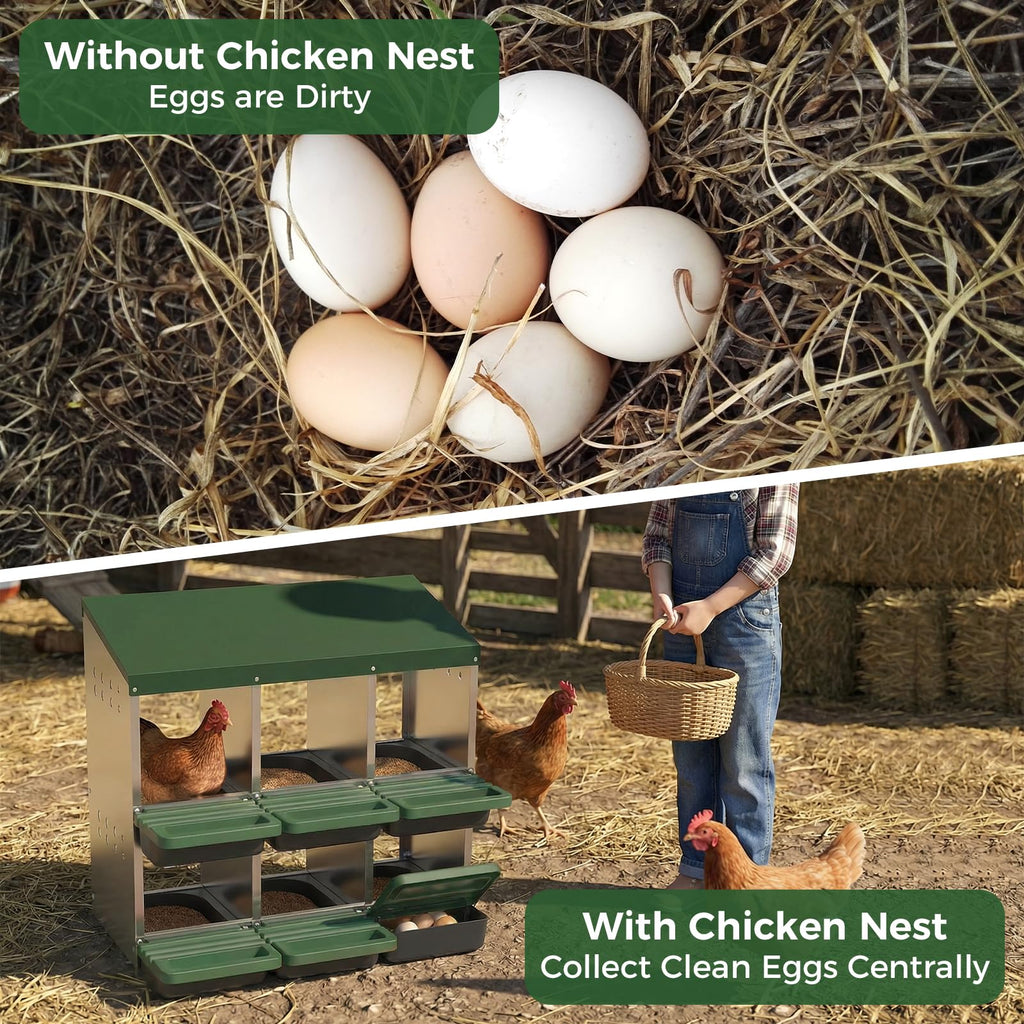 Garvee 6-Hole Chicken Nesting Box Metal Coop with Roll Away Design & Ventilation Holes Galvanized Steel Removable Lid Green for Backyard & Small Farms