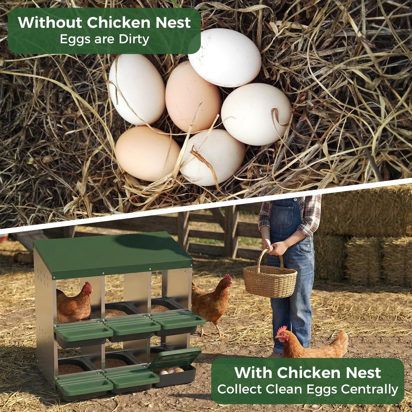 Garvee 6-Hole Chicken Nesting Box Metal Coop with Roll Away Design & Ventilation Holes Galvanized Steel Removable Lid Green for Backyard & Small Farms