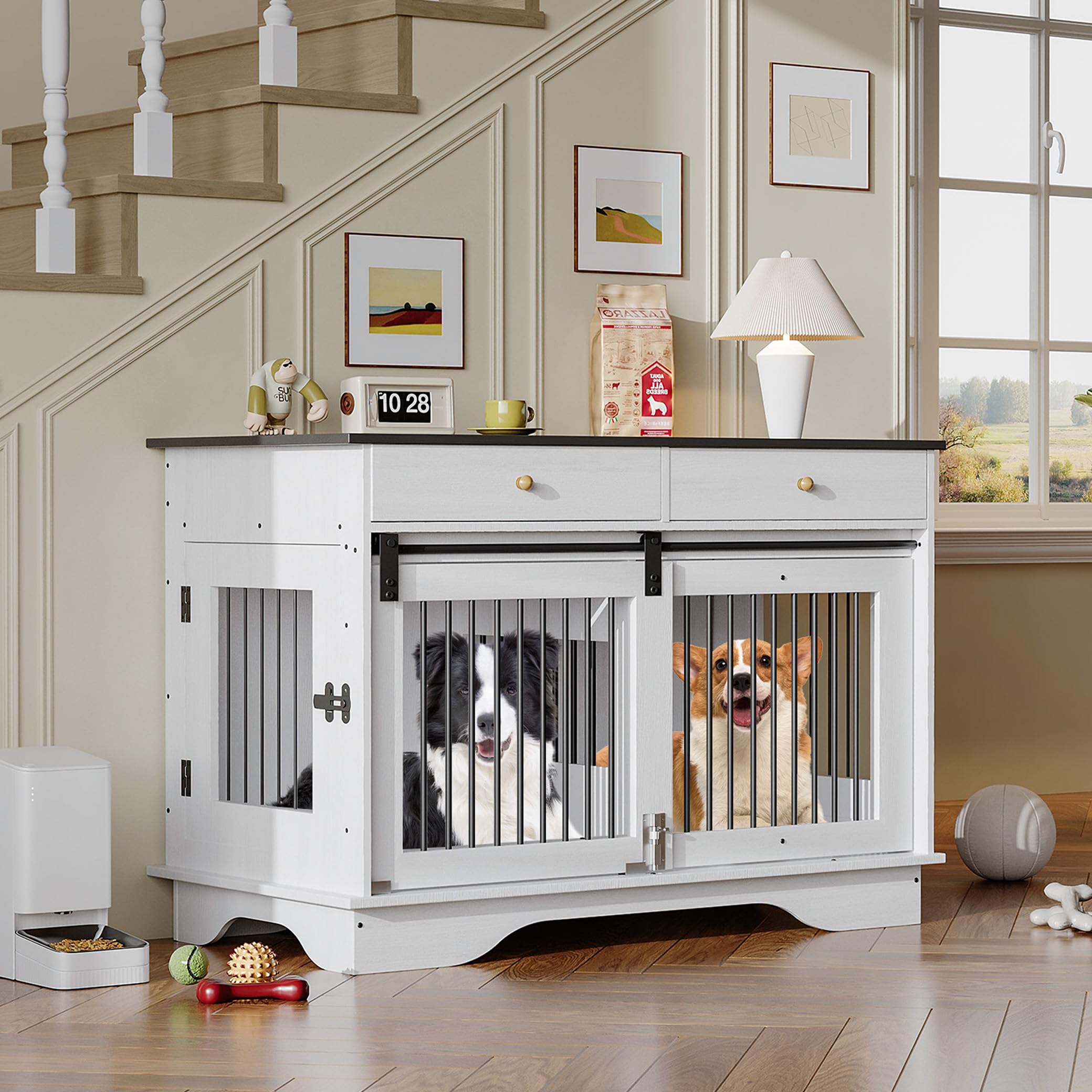Garvee 47 in Dog Furniture Crate, Large Furniture Style Dog Crate w/ 2 Storage Draws & Removable Divider & Triple Door Design for Large/Medium/Small Dogs, White+Brown Table Top