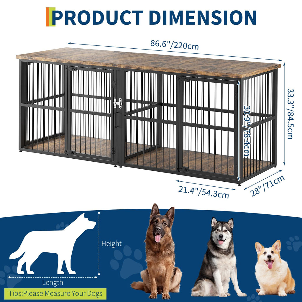 Garvee 87 in Extra Large Double Dog Crate Furniture with Divider, Heavy Duty Kennel with 3 Lockable Doors, Wooden Indoor Pet House TV Stand for 2 Small Medium Large Dogs, Black+Brown Tabletop