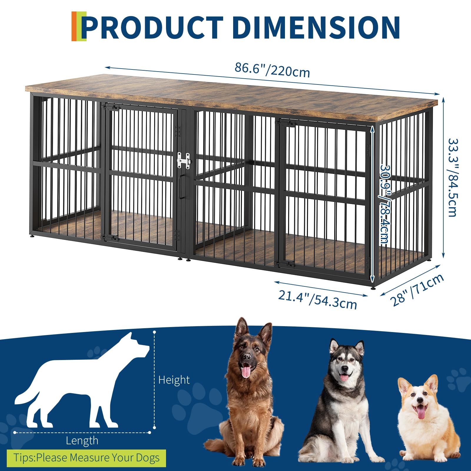 Garvee 87 in Extra Large Double Dog Crate Furniture with Divider, Heavy Duty Kennel with 3 Lockable Doors, Wooden Indoor Pet House TV Stand for 2 Small Medium Large Dogs, Black+Brown Tabletop