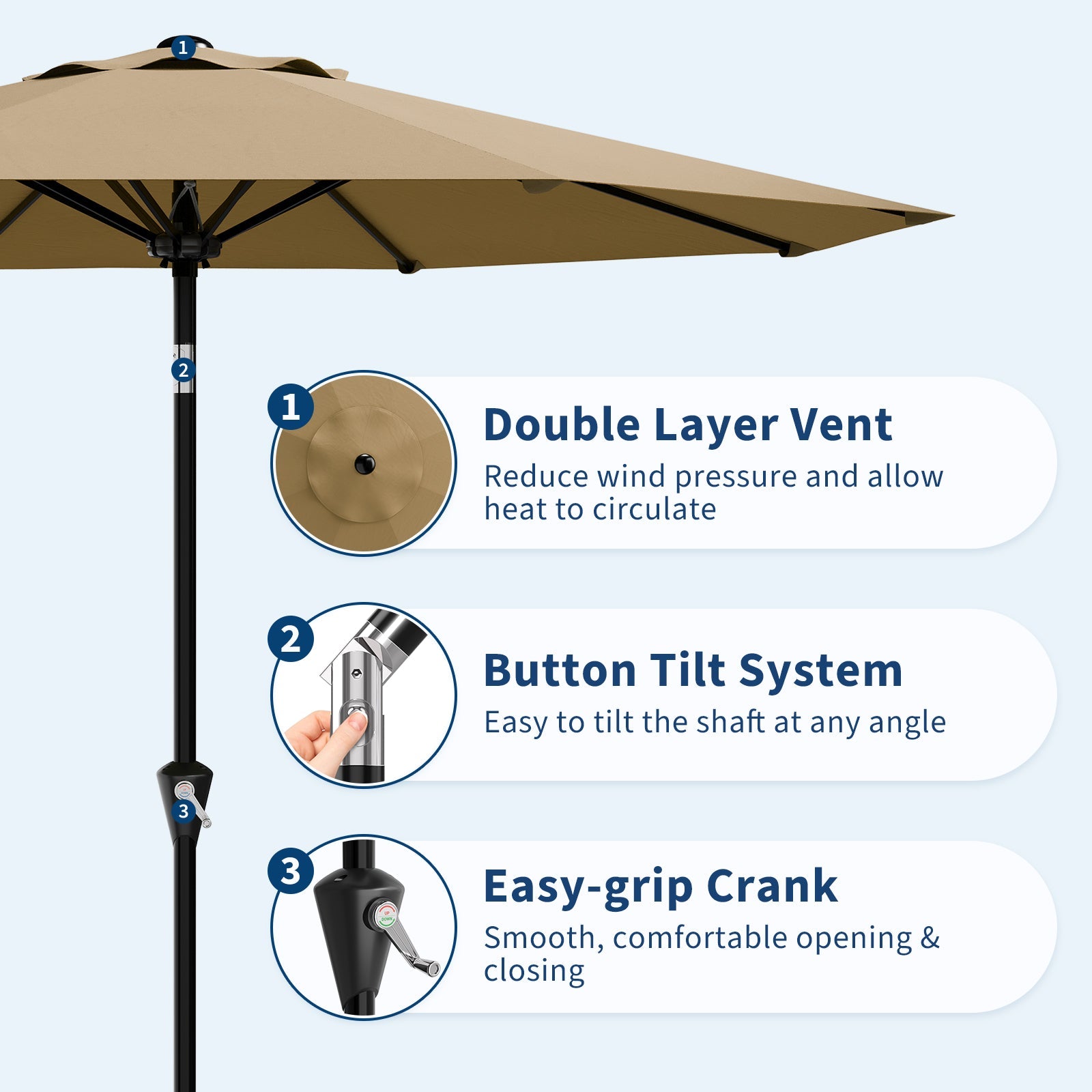 Garvee 10FT Khaki Tan Outdoor Patio Umbrella – Waterproof Market Parasol with Smooth Crank Lift, Push Button Tilt, 8 Sturdy Ribs, UV Protection – Ideal for Garden, Pool, Deck, or Yard