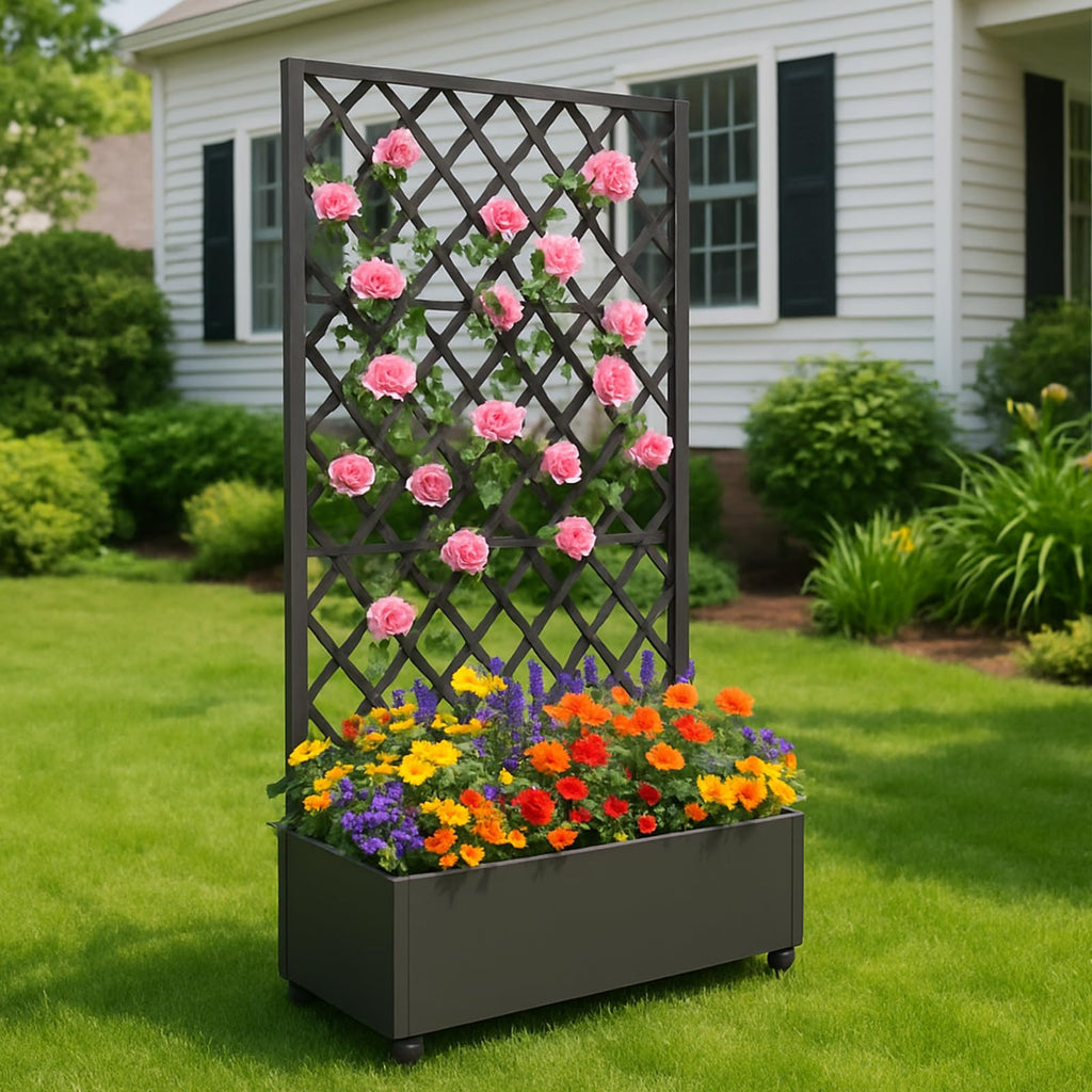 Garvee Metal Planter Box with Diamond Lattice Trellis - 72"x47" Galvanized Raised Garden Bed on Wheels for Climbing Plants and Vines, Black Finish