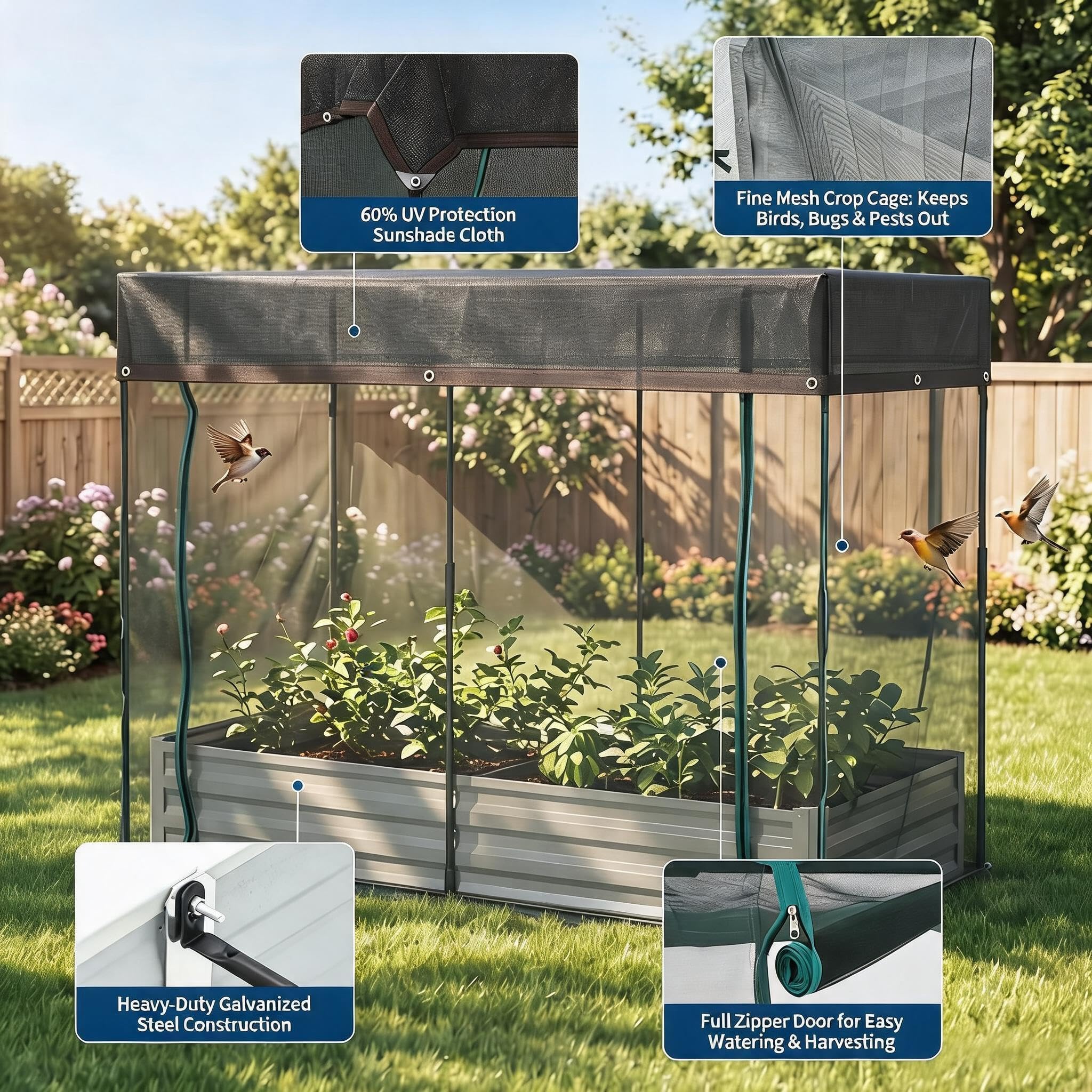Garvee Self-Watering Raised Garden Beds for Vegetables and Herbs, 4-Pack 8 × 4 × 1 FT Galvanized Steel Planters with Mesh Covers, Light Beige