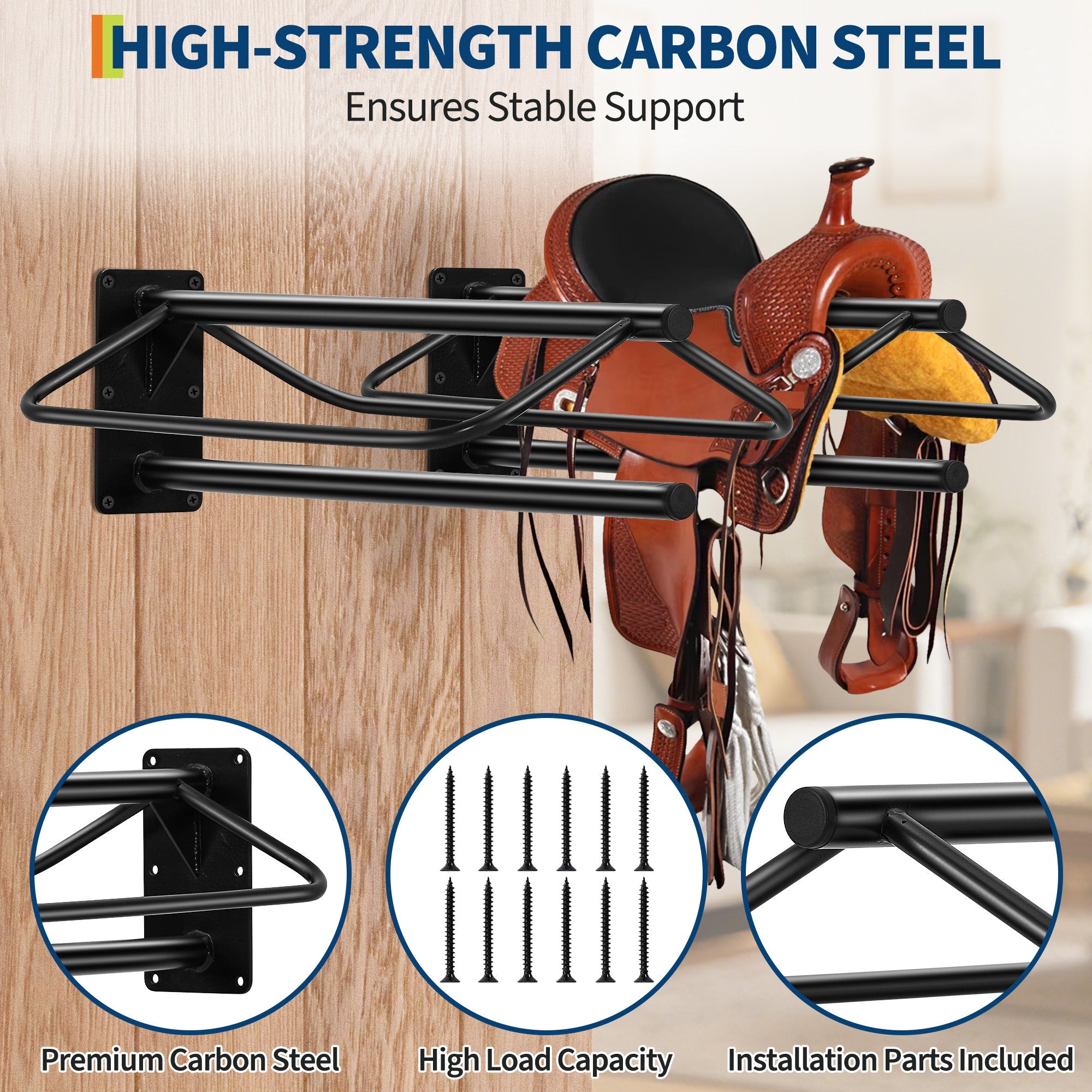 Garvee Heavy Duty Wall Mounted Saddle Rack Set – Carbon Steel Holder with Double Padded Arms & Pad Bar – For Western & English Saddles, Bridles, Blankets – Barn, Tack Room, Stable Storage – 4 Pack