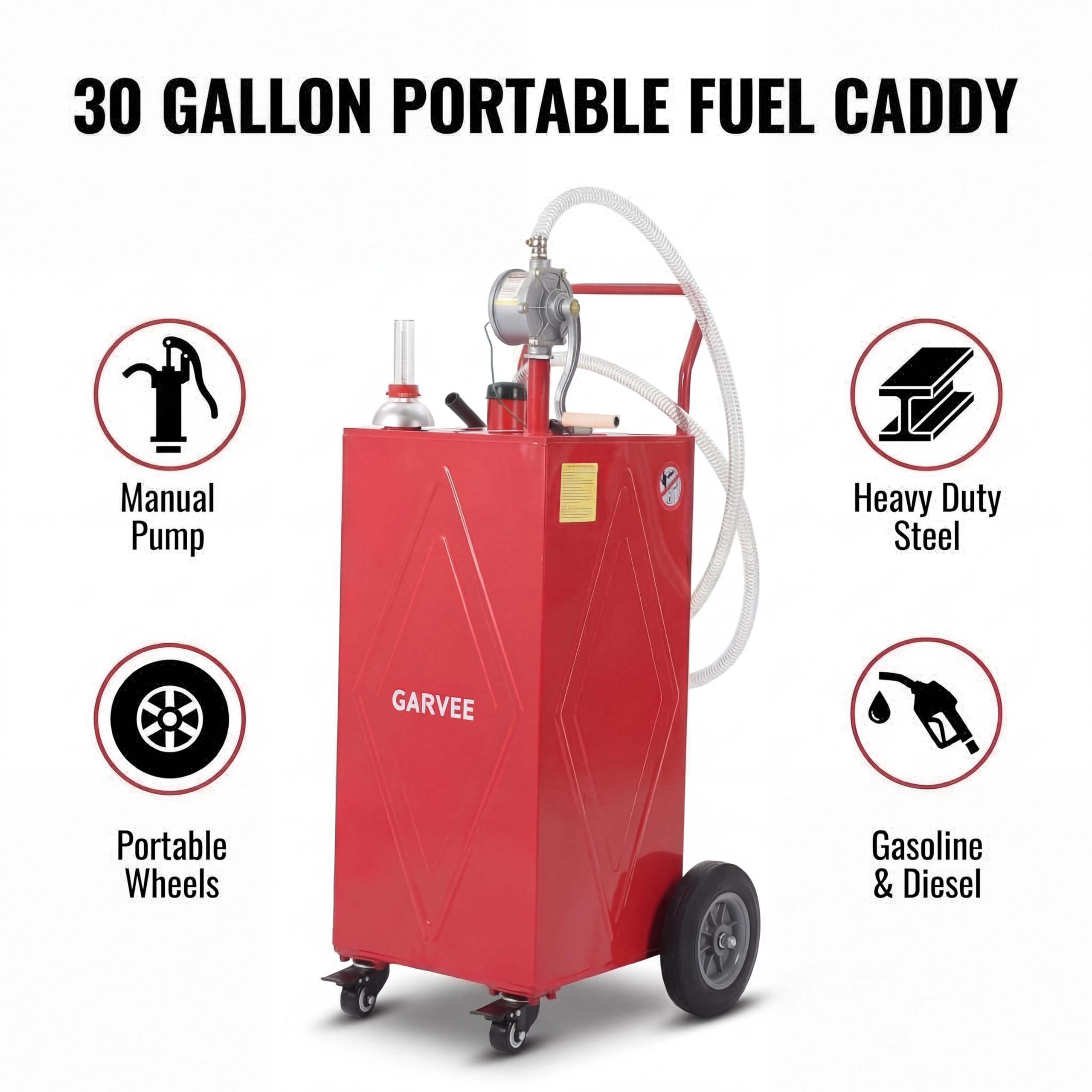Garvee 30 Gallon Heavy Duty Steel Fuel Caddy with Manual Rotary Pump - All-Terrain 4-Wheel Portable Gas & Fuel Injector Transfer Tank - Leak-Proof Mobile Storage for Trucks, Boats, ATVs, Lawn Mowers, Farm Equipment - Reinforced 4-Wheeler, Red - Li Junjie