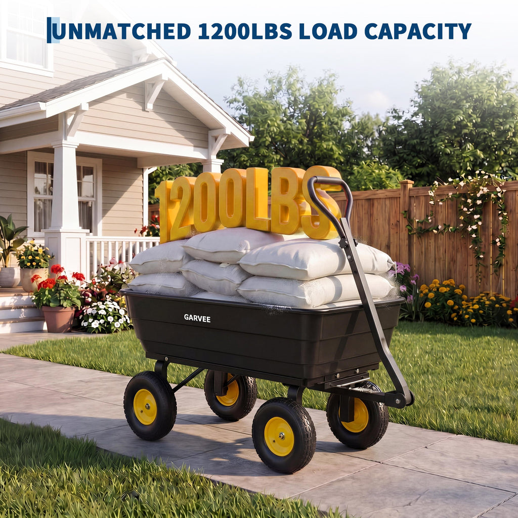Garvee 1200 lb Heavy-Duty Poly Garden Dump Cart, Utility Wagon with 13" No-Flat All-Terrain Tires, Quick-Release Dump System, Convertible Tow Handle & Reinforced Steel Frame for Yard, Soil, Mulch & Landscaping, Black/Yellow