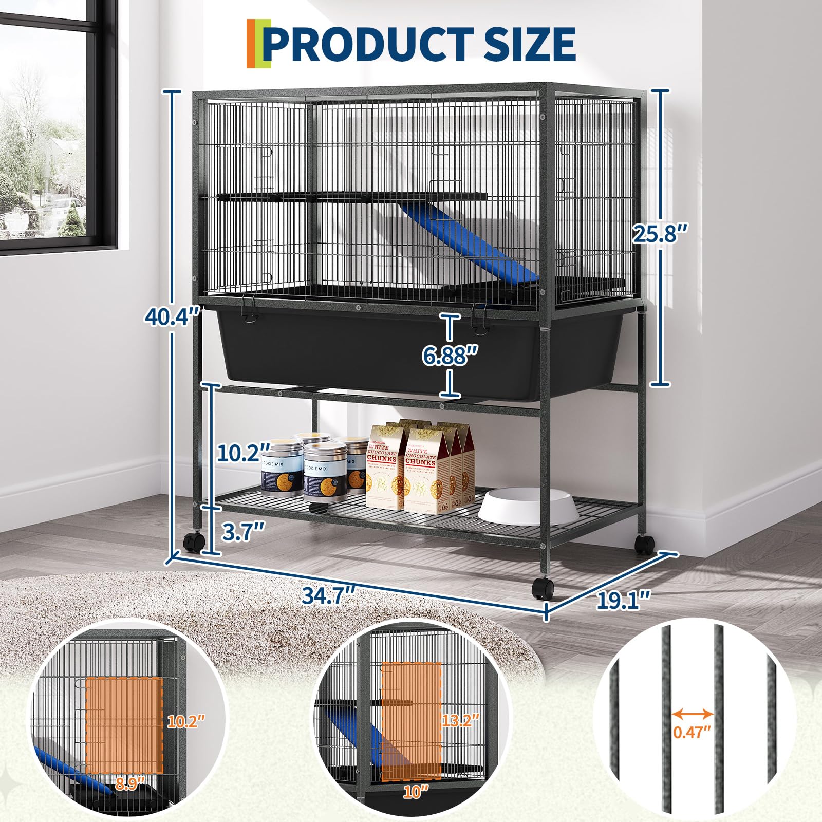 Garvee Ferret Cage, 40.4" h Large Ferret Nation Cage with 3 Removable Platforms, Deep Tray, Storage Shelf, Metal Small Animal Cages on Wheels for Sugar Glider, Guinea Pigs, Chinchillas, Rabbit