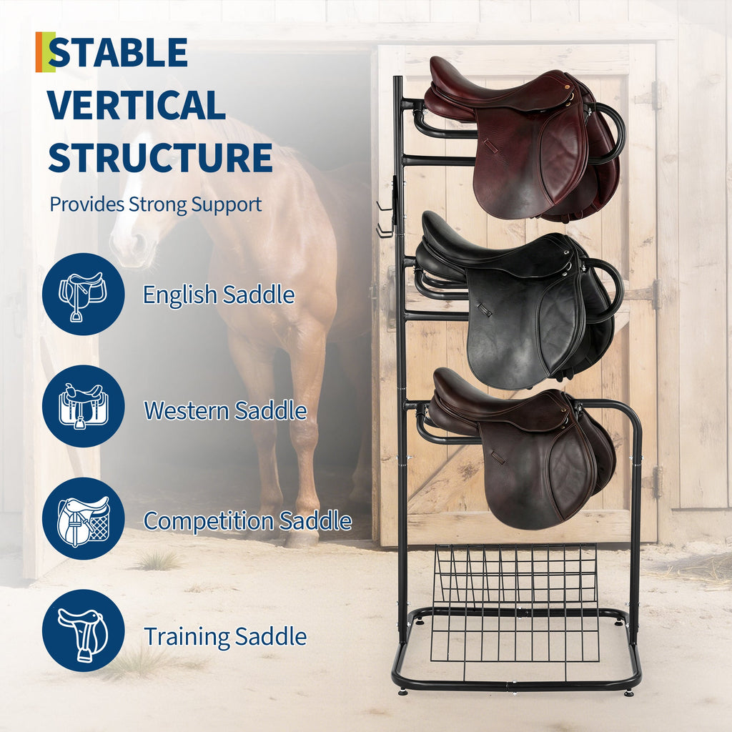 Garvee Heavy Duty 3-Tier Saddle Rack Stand with Removable & Rotating Tiers - Freestanding English & Western Saddle Blanket Holder for Tack Room Organization, 30x29x70 in