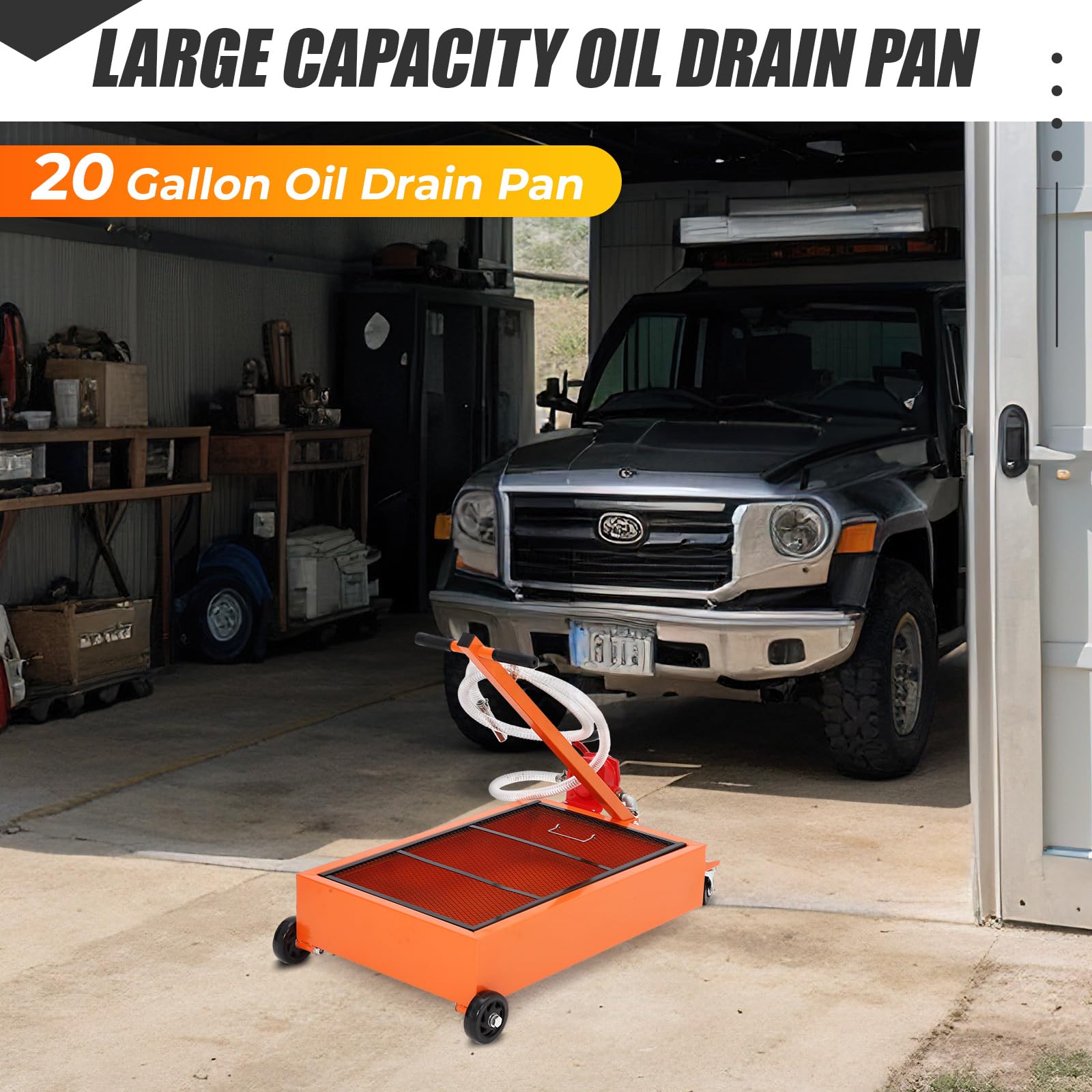 Garvee Low Profile 20 Gallon Oil Drain Pan with 110V Electric Pump – Heavy Duty Steel Waste Oil Drain Tank – 8.2ft Hose, Rolling Cart, Folding Handle – For Trucks, RVs, SUVs, Cars – Waistline Version, Orange
