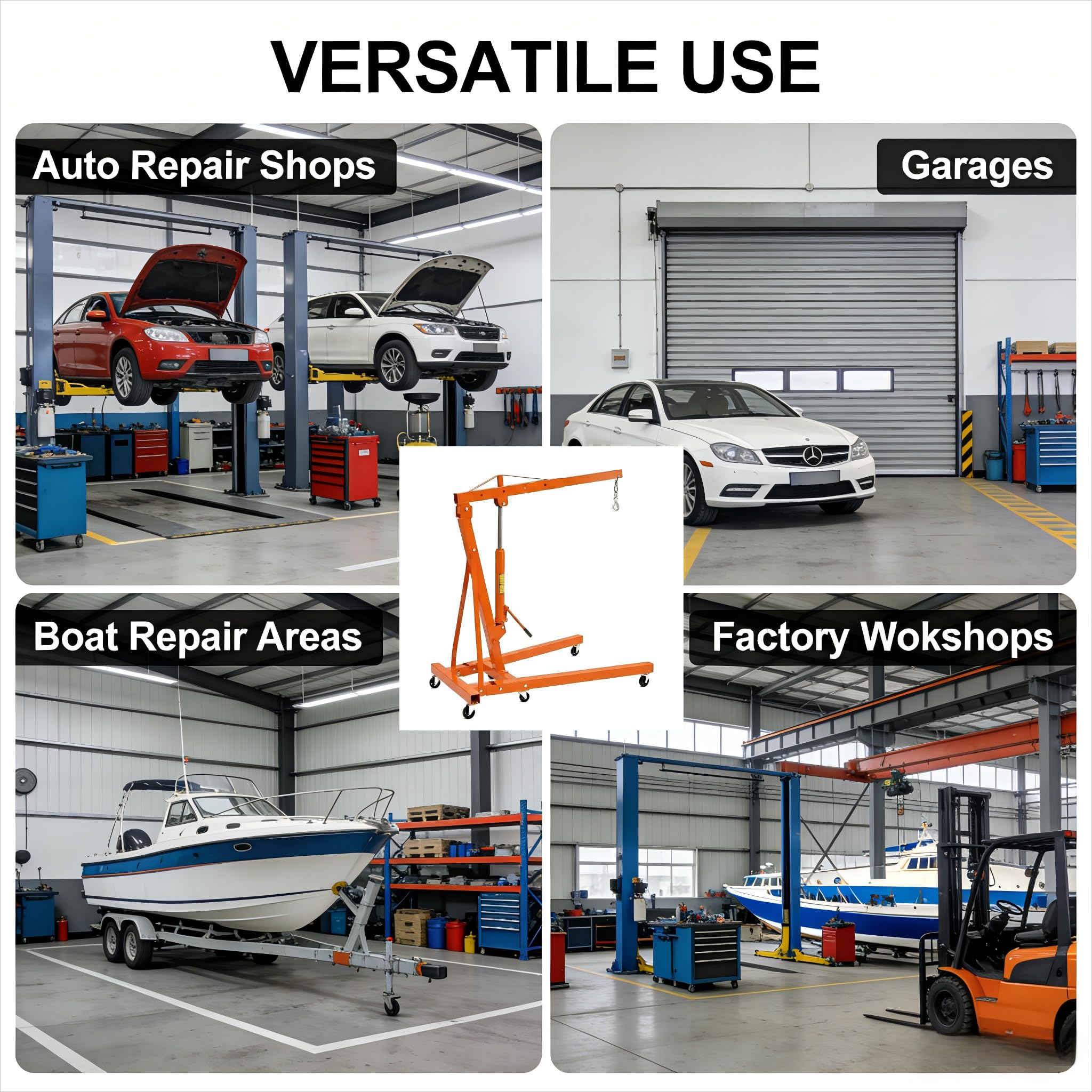Garvee 2-Ton Engine Hoist - 4400 lbs Folding Hydraulic Cherry Picker, Heavy-Duty Shop Crane with 6 Caster Wheels and 4 Adjustable Boom Positions for Warehouse, Garage, and Workshop, Orange