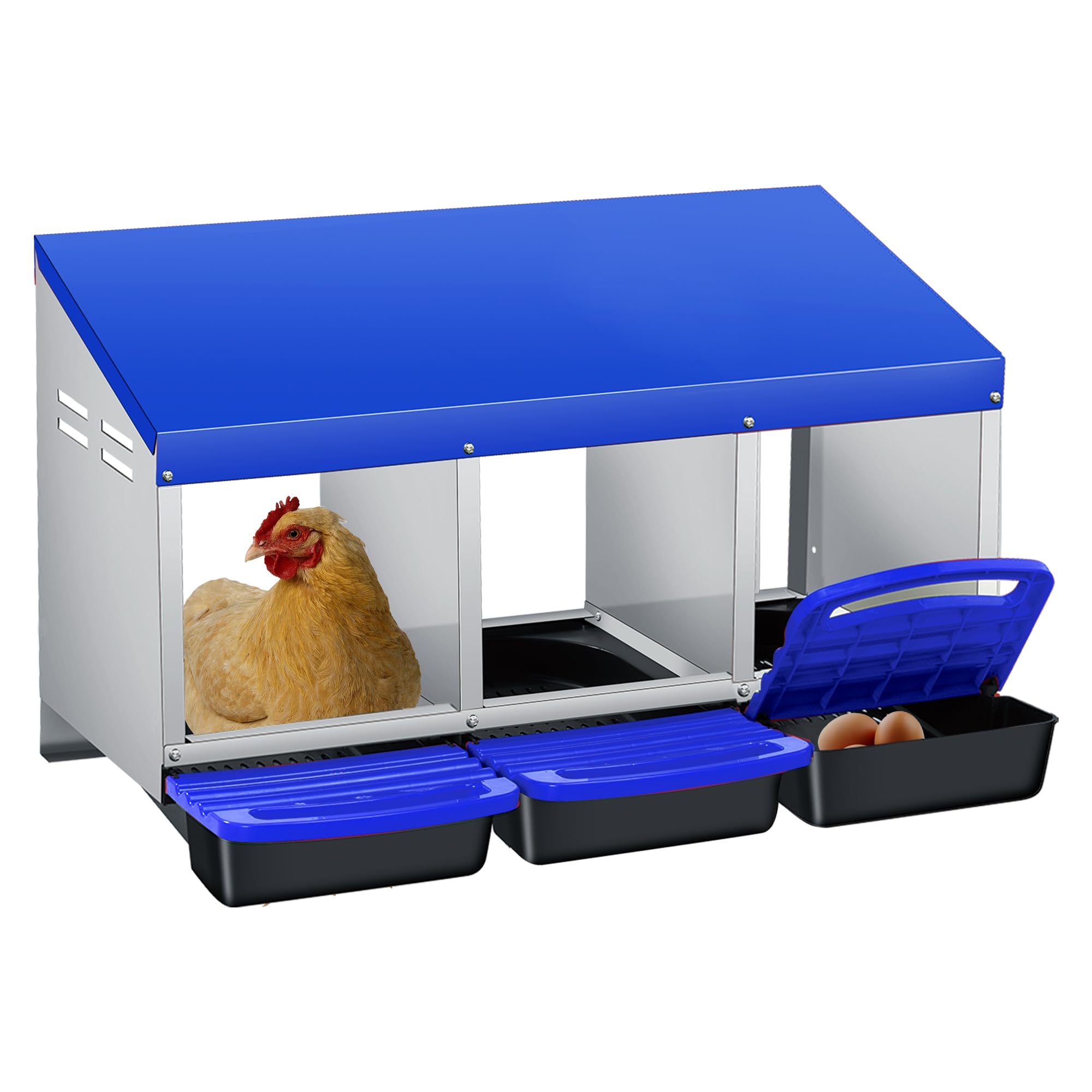 Garvee 3-Compartment Chicken Nesting Box – Automatic Roll-Away Tray & Support Stand, Blue