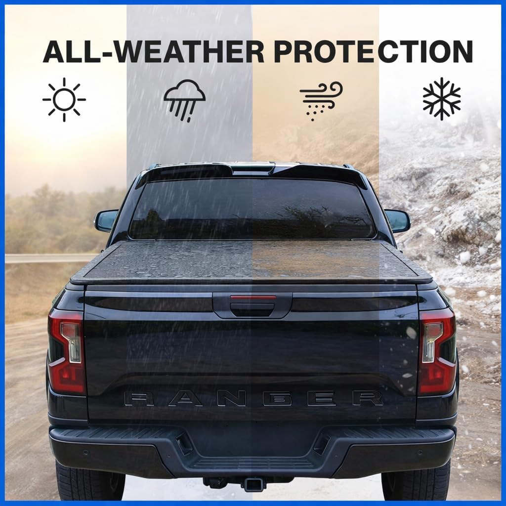 Garvee Hard Folding Truck Bed Tonneau Cover for 2022-2023 Ford 4.2ft Bed - Zinc Aluminum Alloy - Clamp-On, Drill-Free Install - Reinforced Hinges, Locking Latches - Black, Three-Fold - Outdoor Use