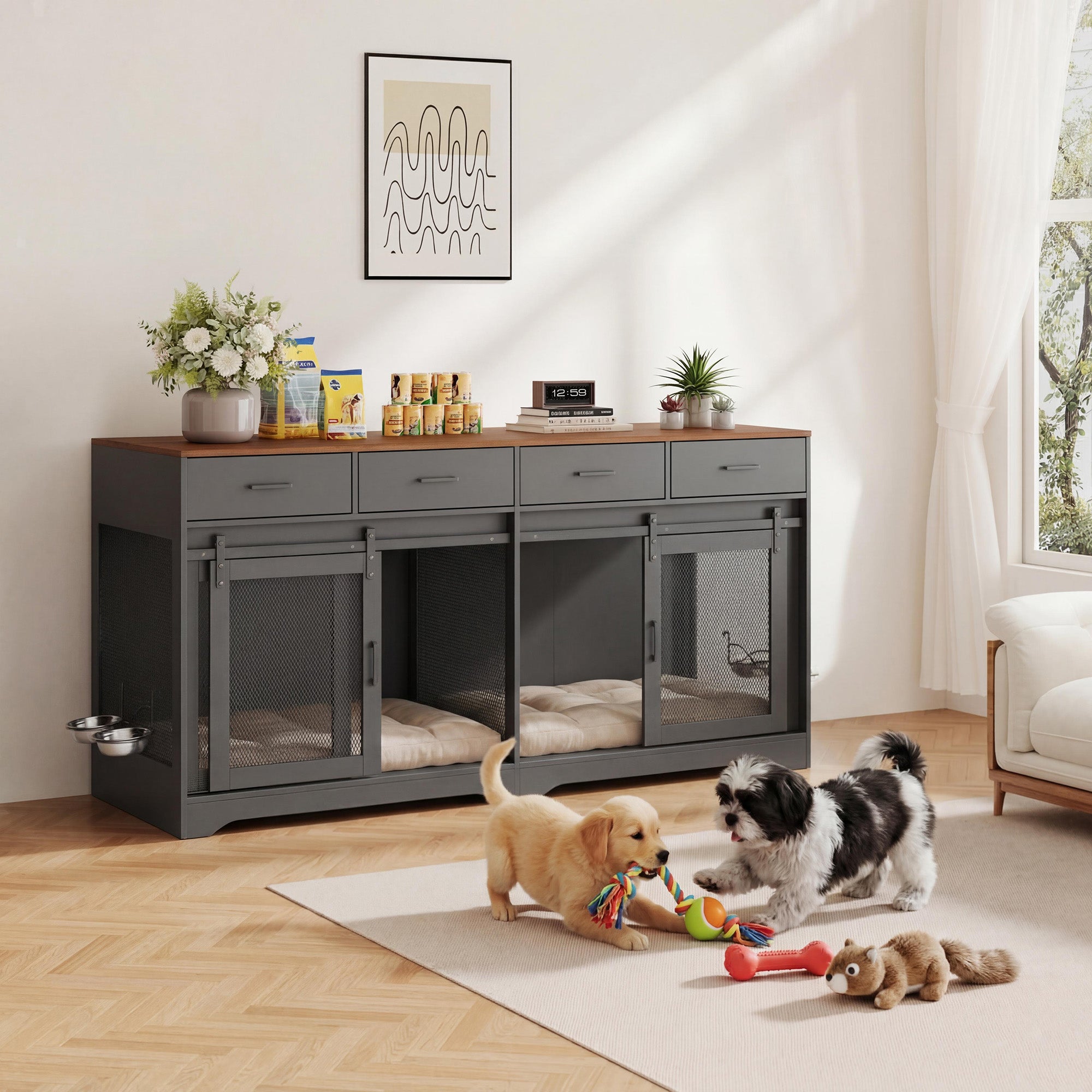 Garvee Multi-Functional Dog Crate Furniture for Medium/Large Dogs – 71'' Indoor Kennel Cage with 4 Sliding Doors, 4 Drawers & Feeding Bowls – Furniture-Style, Walnut+Black – US Spec, Color: Walnut+Black