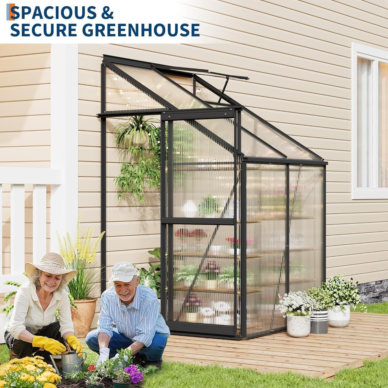 Garvee 4×4FT Lean-To Polycarbonate Greenhouse Kit, Heavy Duty Walk-In Plant Shelter with Sliding Door & Adjustable Roof Vent, Black